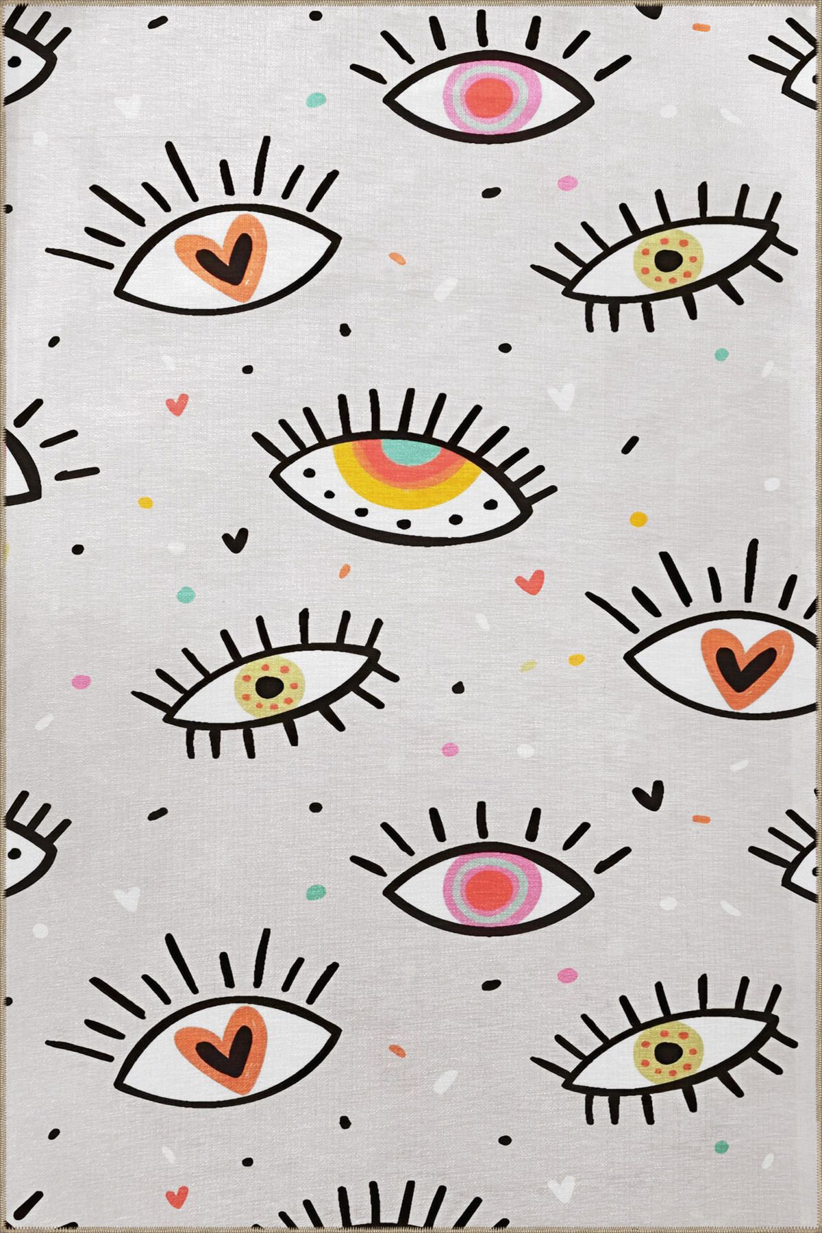 Gri Temalı Çok Renkli Etnik Göz ve Kalp Desenli Kreatif Modern Dekoratif Halı 2300