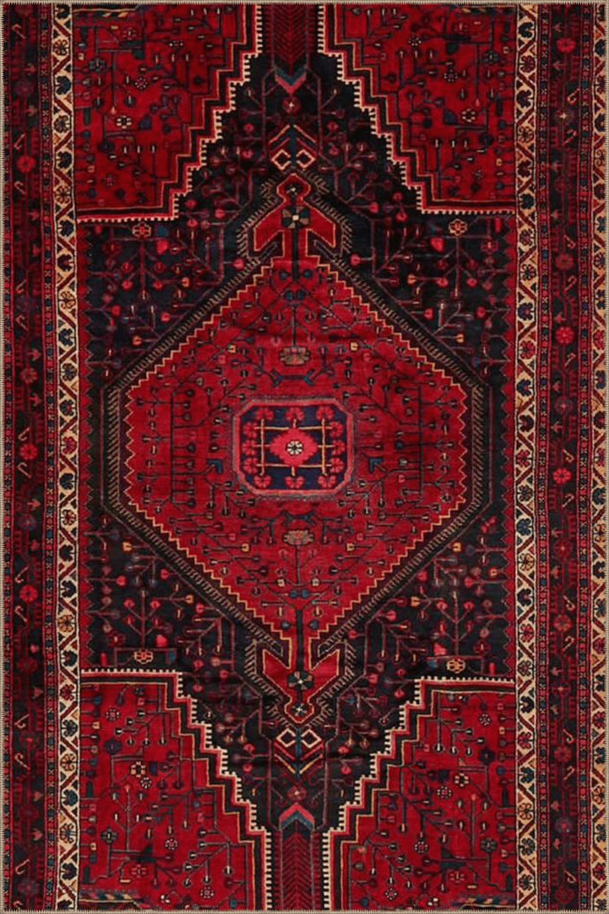 Bordo Siyah Temalı Geleneksel Motif Desenli Etnik Vintage Dekoratif Halı 4906