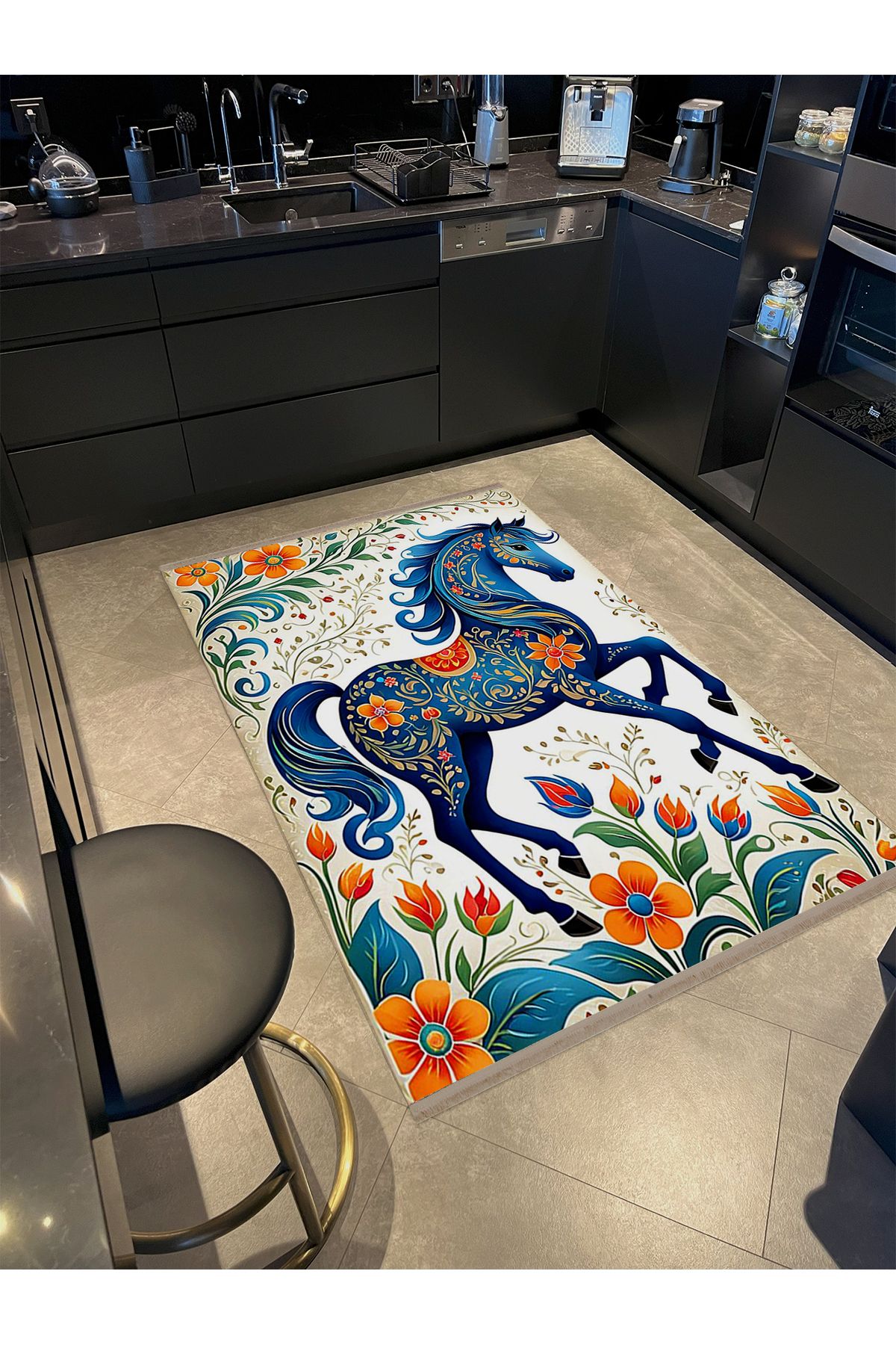 Özge Koleksiyonu Sarmaşık ve Çiçek Detaylı Mavi At Desenli Dokuma Taban Modern Dekoratif Halı özge11