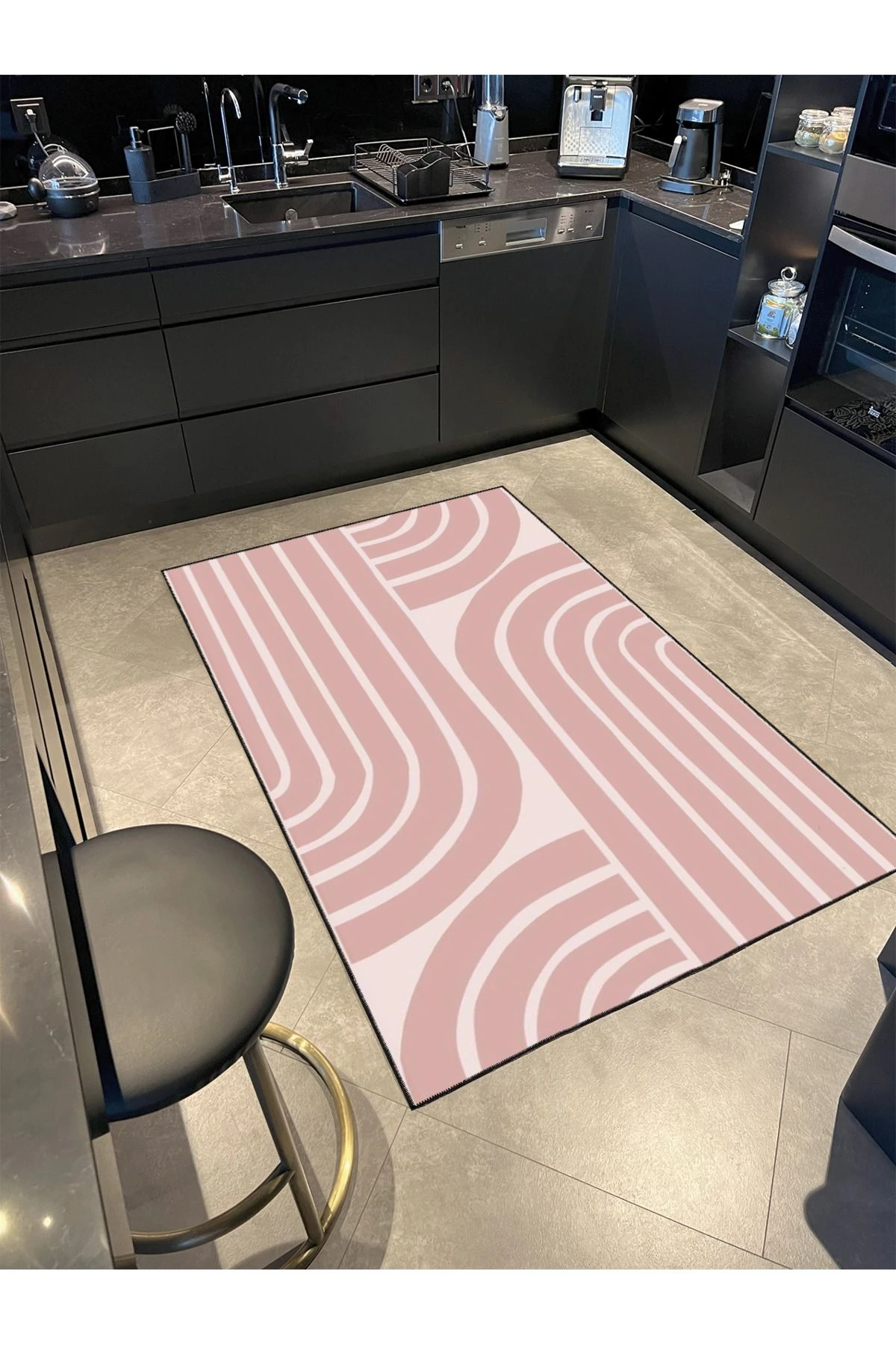Pembe Beyaz Çizgili Desenli Dokuma Taban ve Yıkanabilir Halı miravip9358