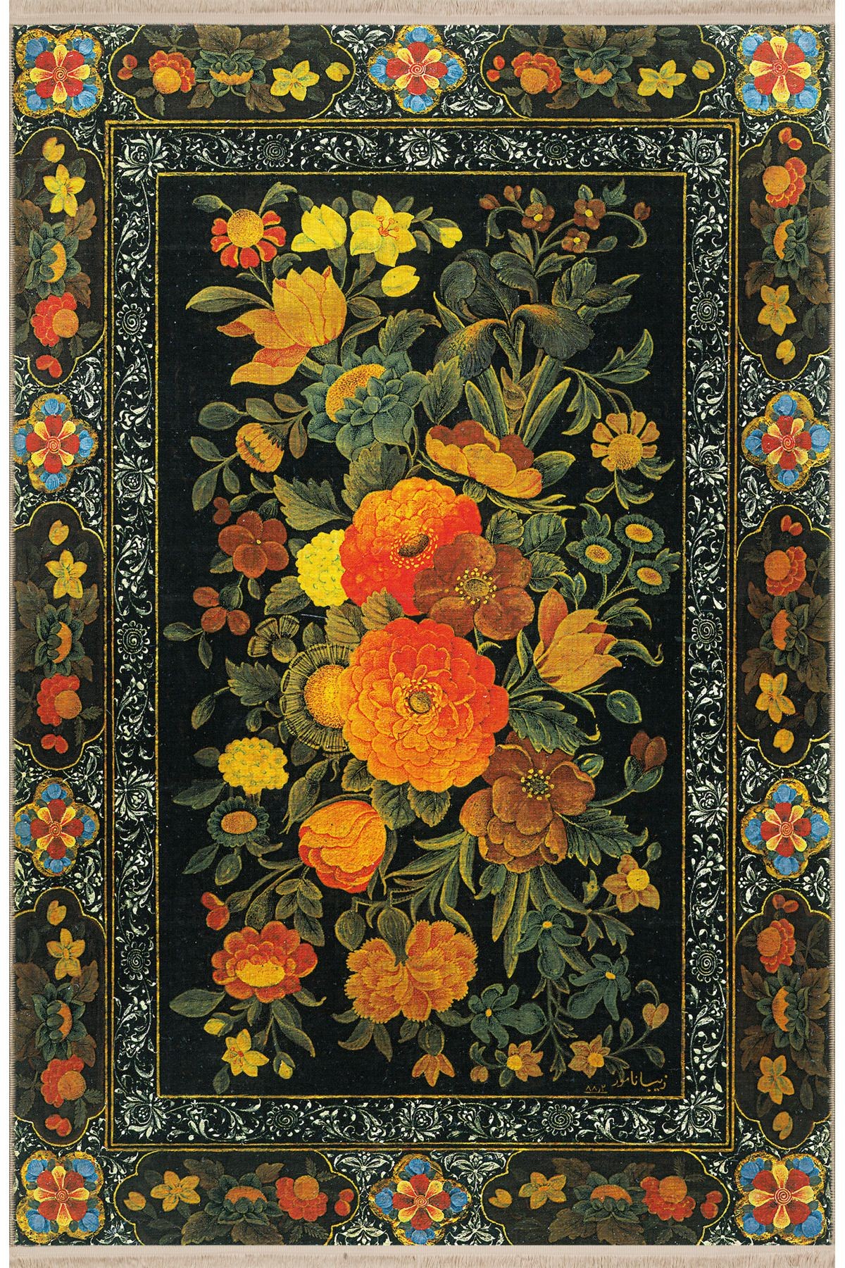 Siyah Temalı Sarı Çiçek ve Yaprak Desenli Vintage Dekoratif Halı 2672
