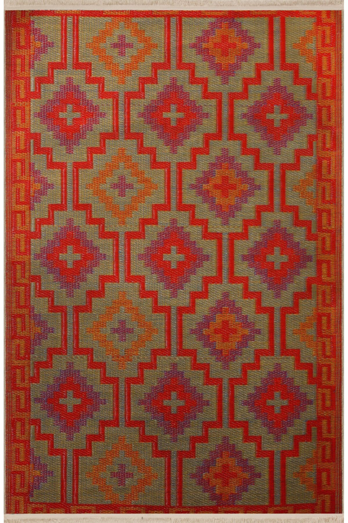 Turuncu Temalı Motifli Geometrik Desenli Saçaklı Vintage Dekoratif Halı 3093