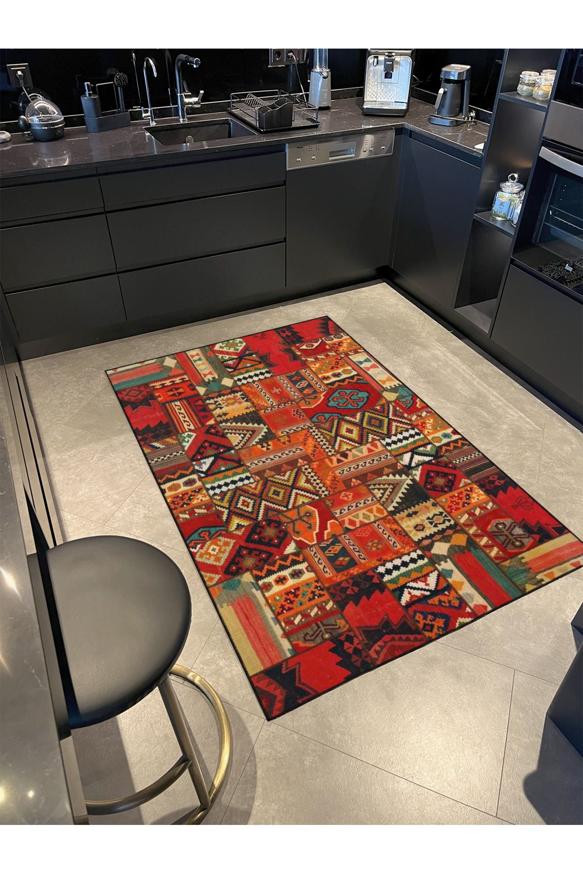 Geleneksel Kahverengi Çok Renkli Desenli Dokuma Taban ve Dekoratif Yıkanabilir Halı miravip8536