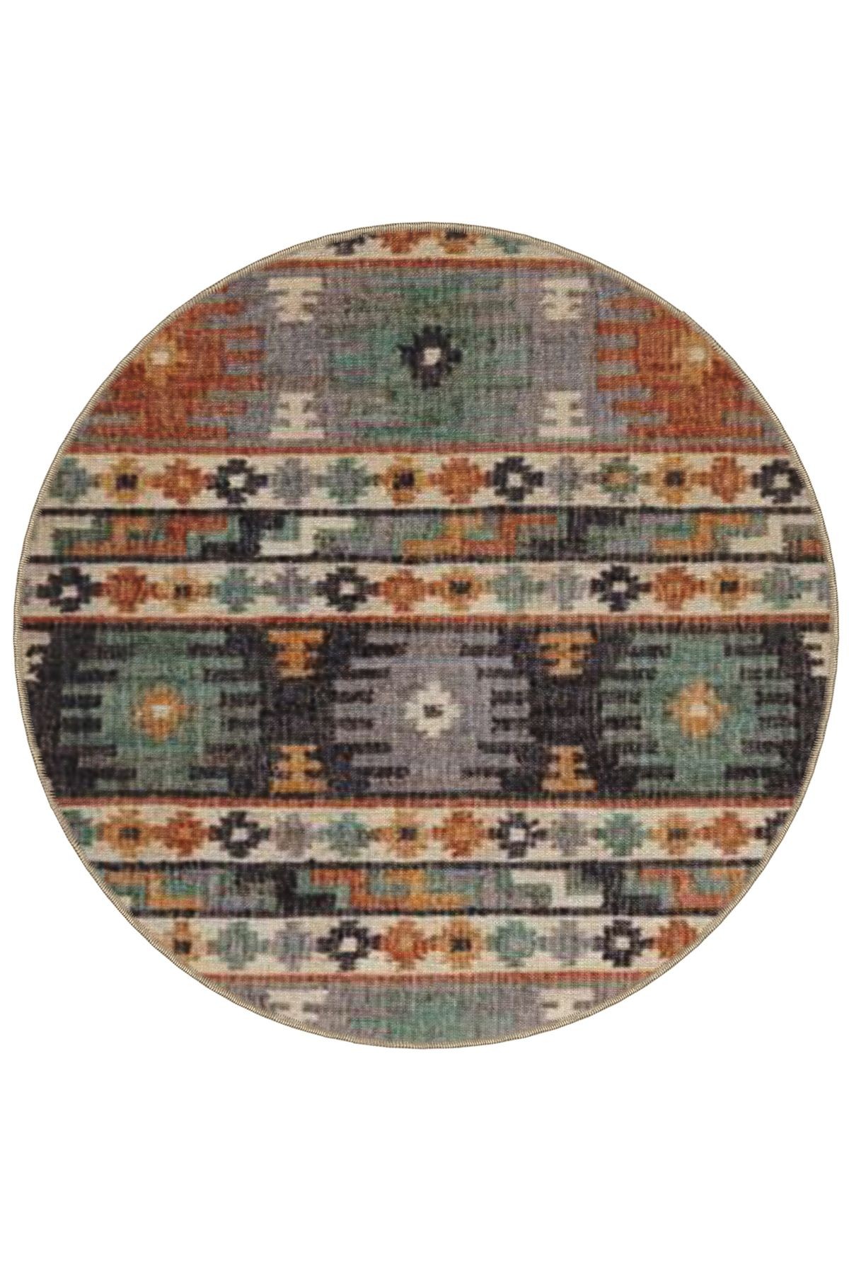 Çok Renkli Etnik Motif Geleneksel Desenli Yuvarlak Dokuma Taban Vintage Dekoratif Halı 6055