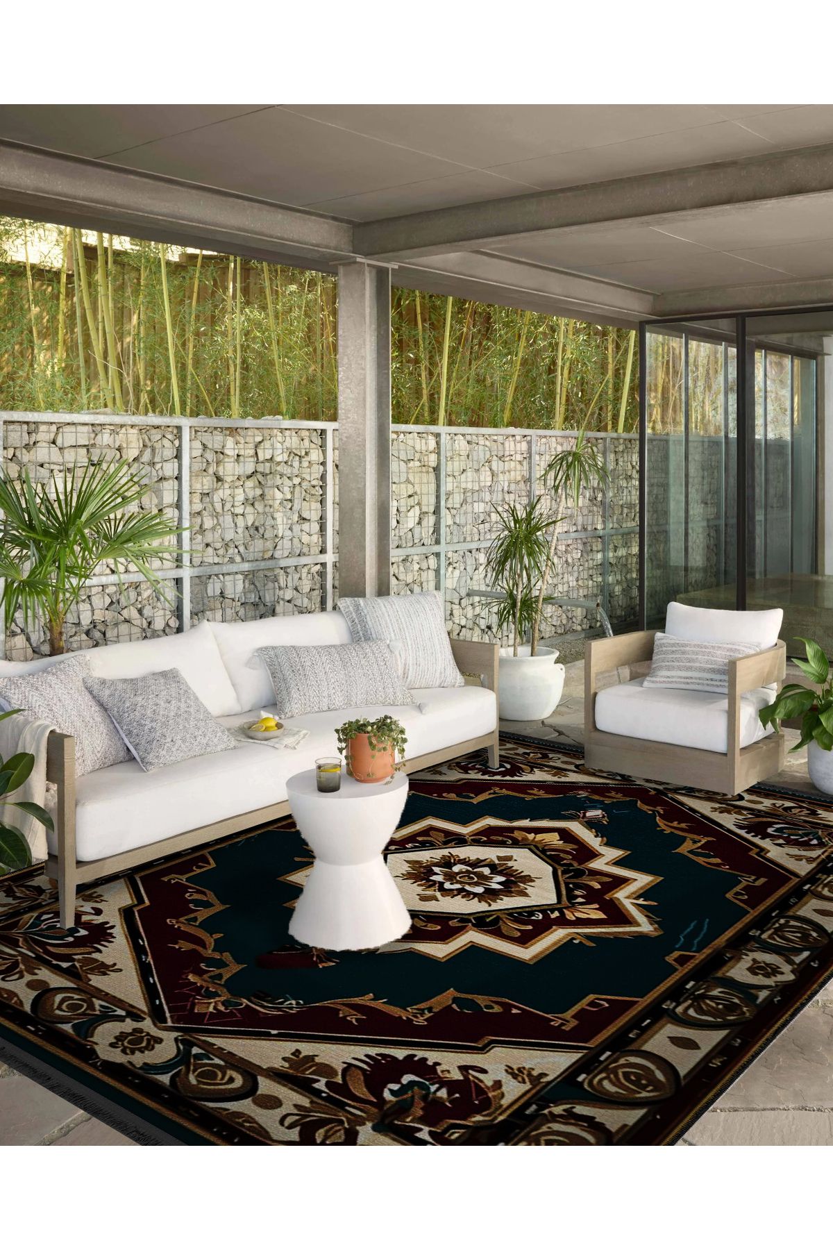 Yeşil Antik Tasarım Serisi Bordo ve Bej Detaylı Desenli Vintage Dekoratif Halı antik27