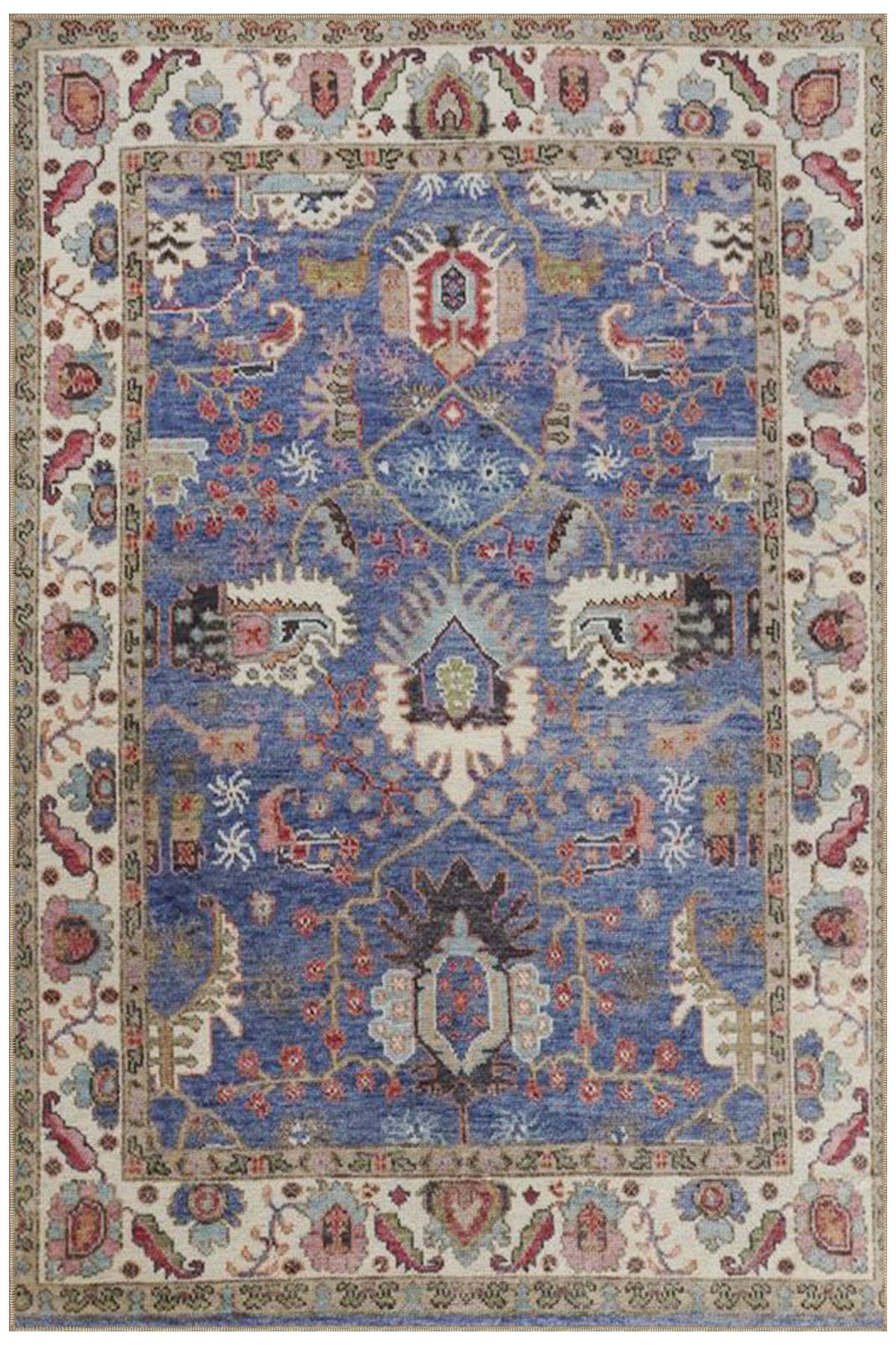 Krem ve Lacivert Renkli Pastel Boyalı Geleneksel Desenli Dokuma Taban Halı miravip384