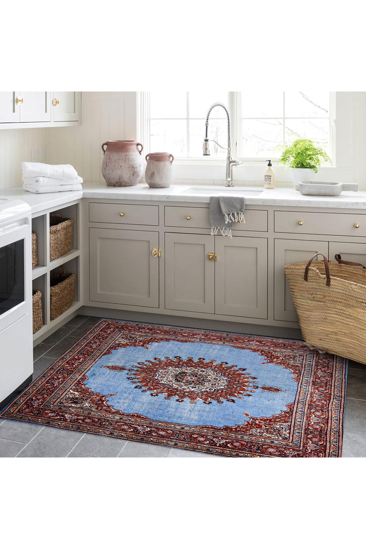 Asena Koleksiyonu Mavi Tema Bohem ve Geleneksel Motifli Desenli Vintage Dekoratif Halı 11