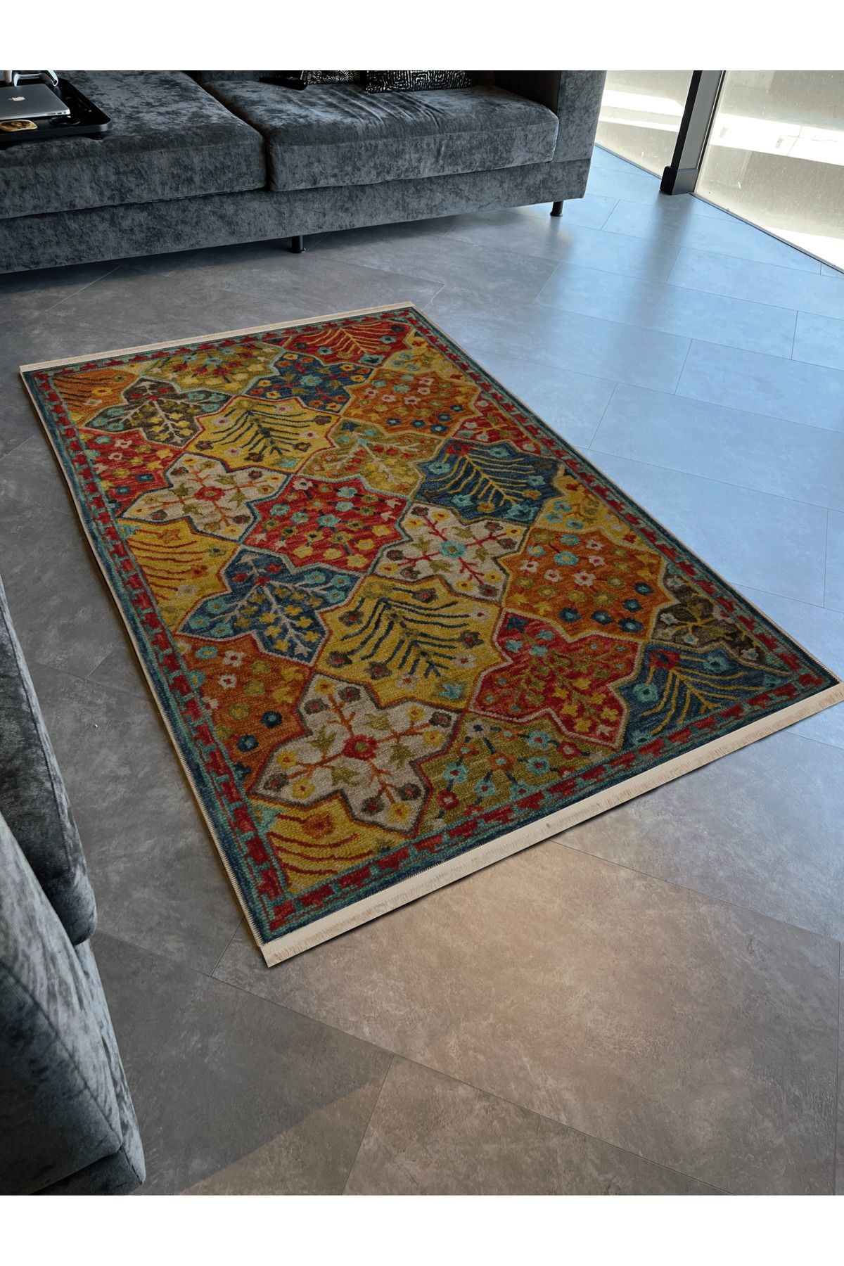 Çok Renkli Geleneksel Motif Çiçek Desenli Kreatif Vintage Dekoratif Halı 2900