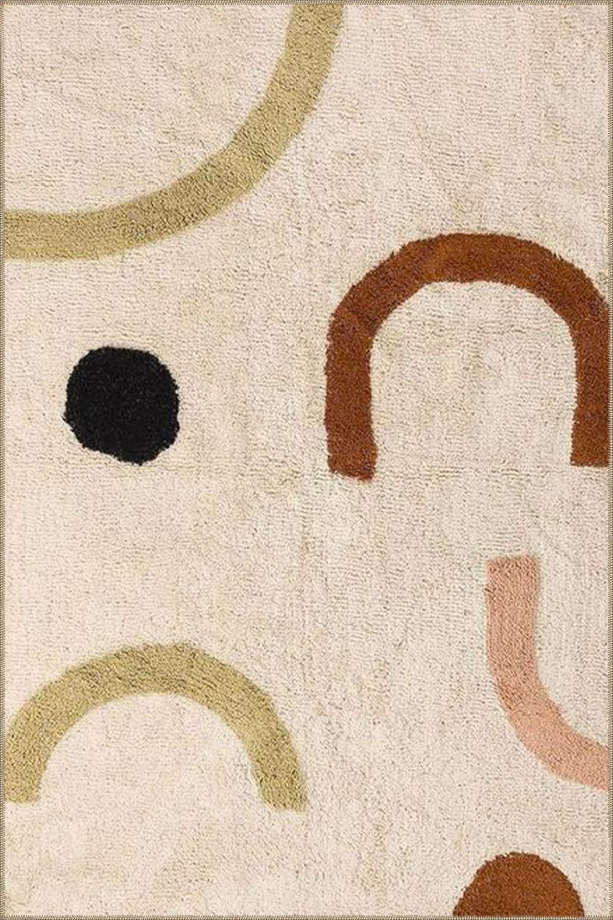 Krem Renkli Geometrik Temalı Desenli Dokuma Taban Halı ve Yıkanabilir Halı miravip10220