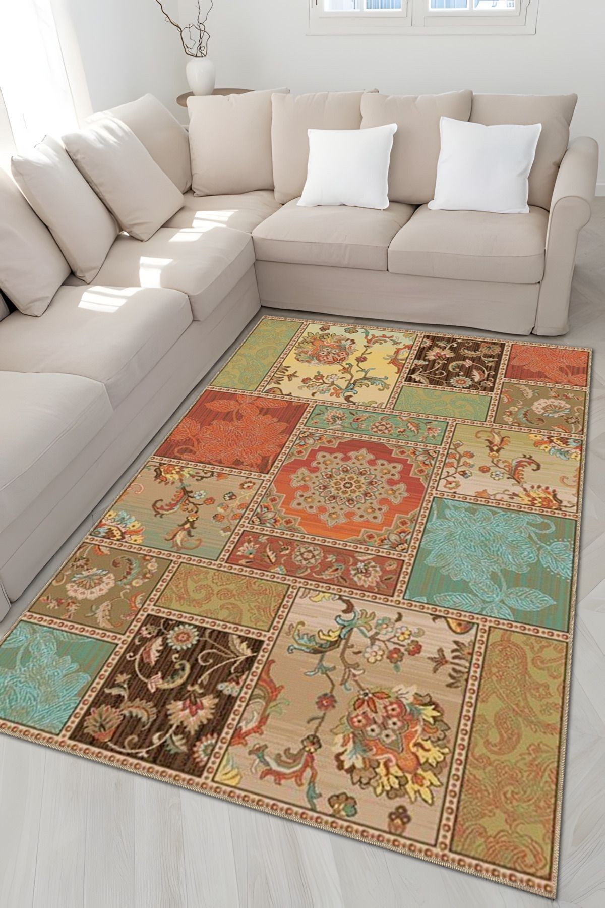 Floral Temalı Çok Renkli Motifli Çiçek Desenli Vintage Dekoratif Halı 4845
