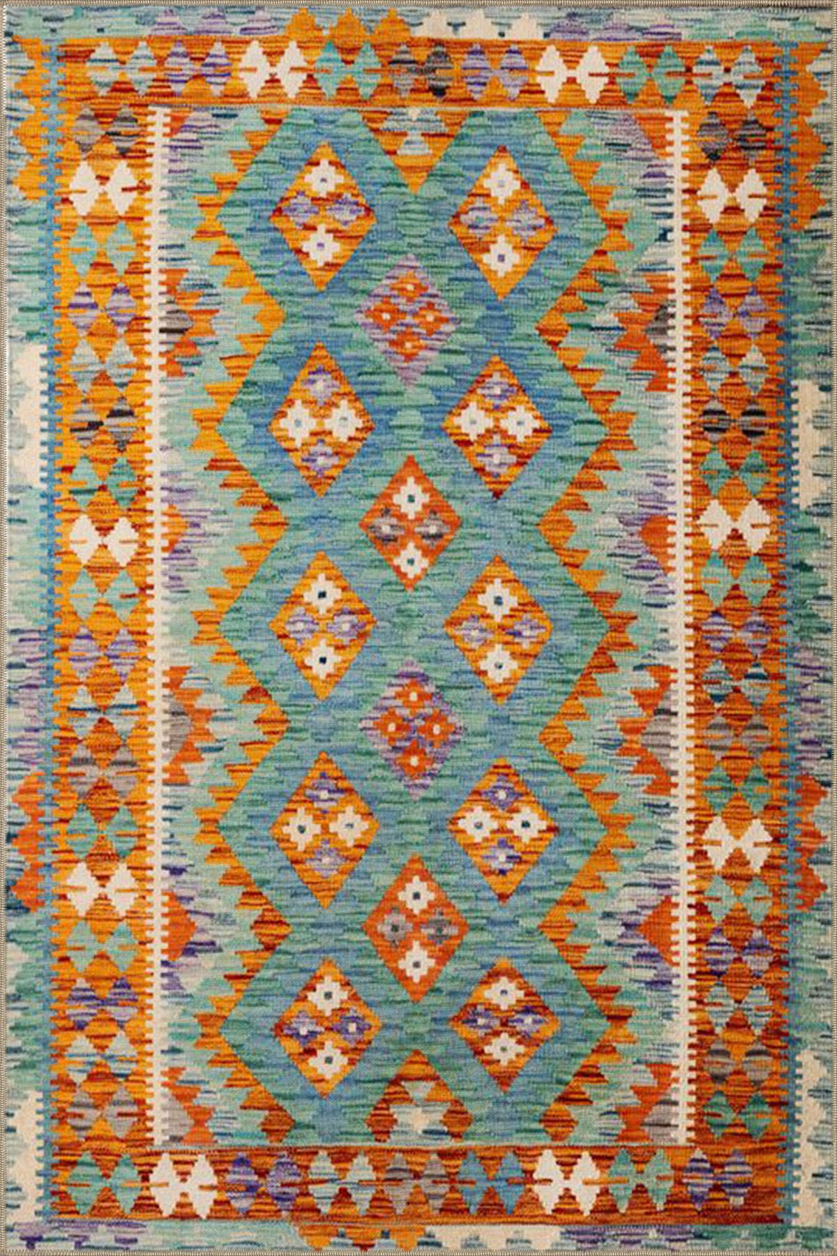 Mavi Turuncu Renkli Baklavalı Modern Desenli Dokuma Taban ve Dekoratif Halı miravip78