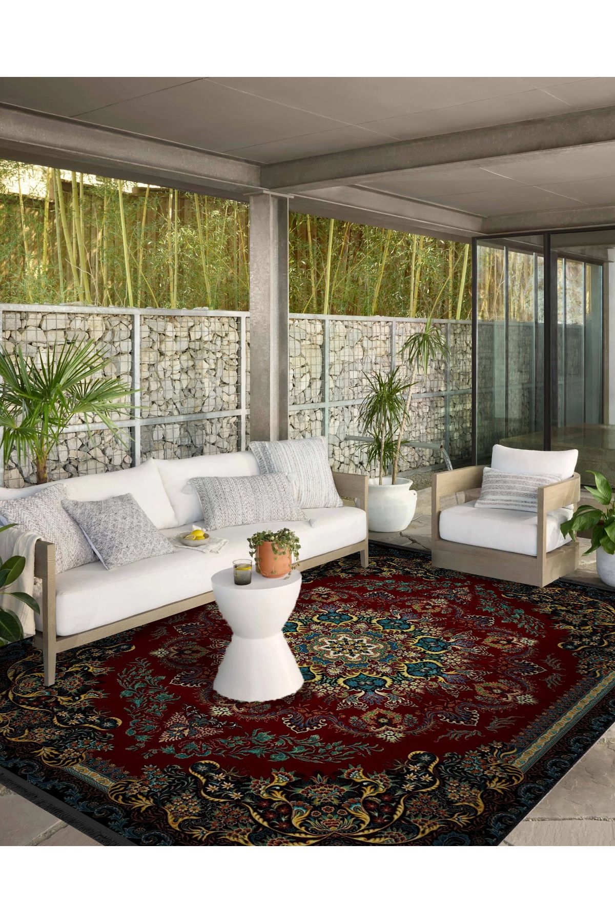 Mavi Sarı Çerçeve Detaylı Bordo Desenli Etnik Serisi Modern Dekoratif Halı etnik22