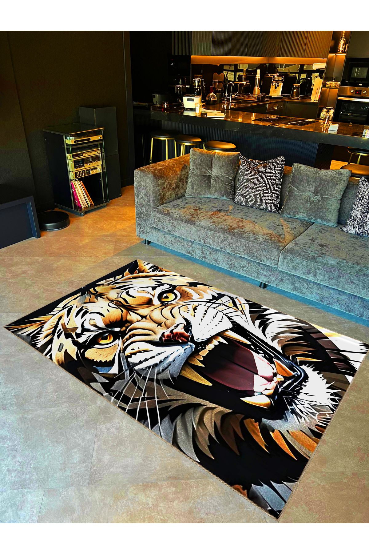 Animal Koleksiyonu Kahve Bej Tonlarında Kaplan Desenli Dokuma Taban Yıkanabilir Halı animal07