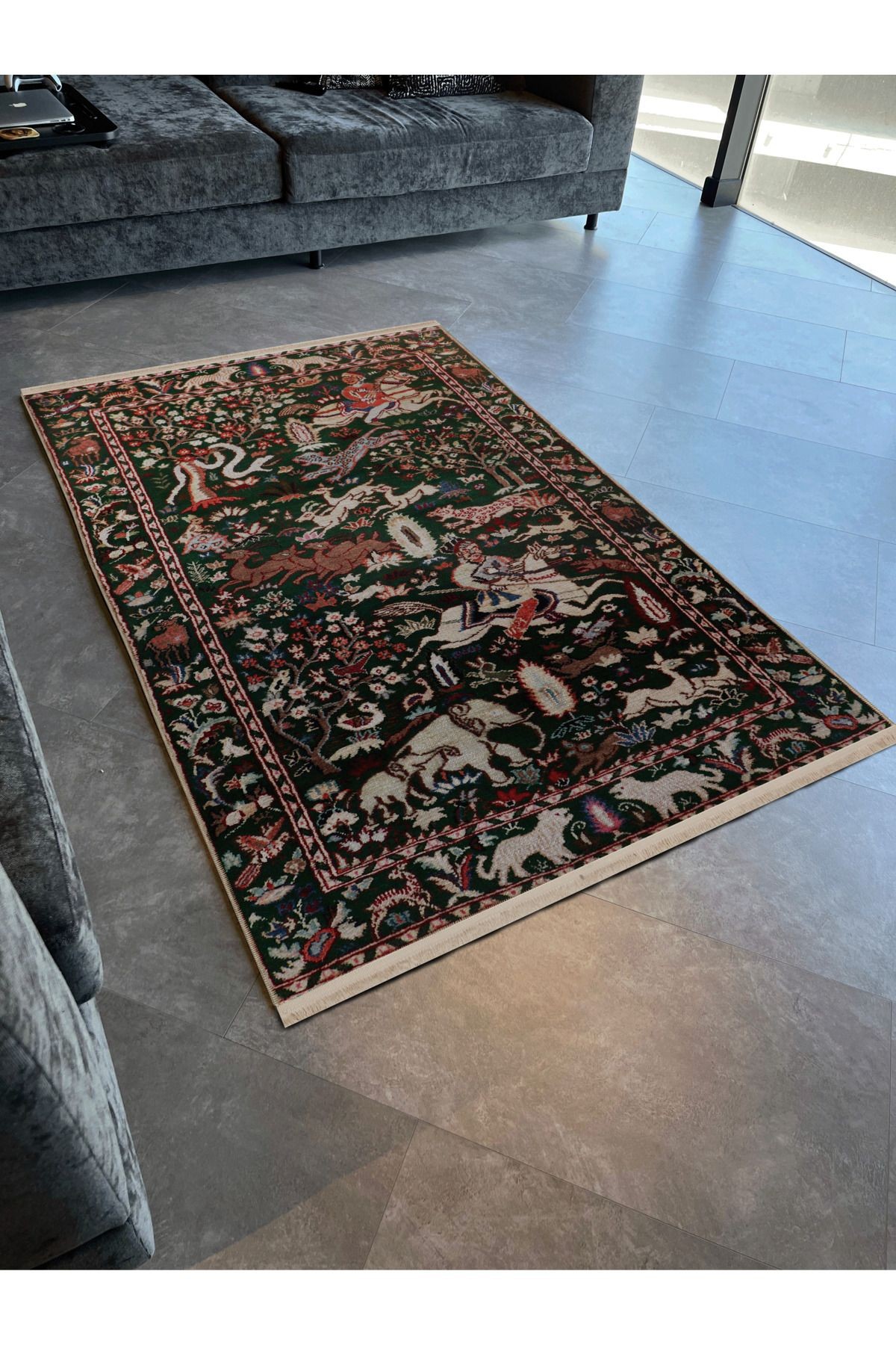 Çok Renkli Doğa Temalı Motifli Geyik ve At Desenli Kreatif Vintage Dekoratif Halı 2884