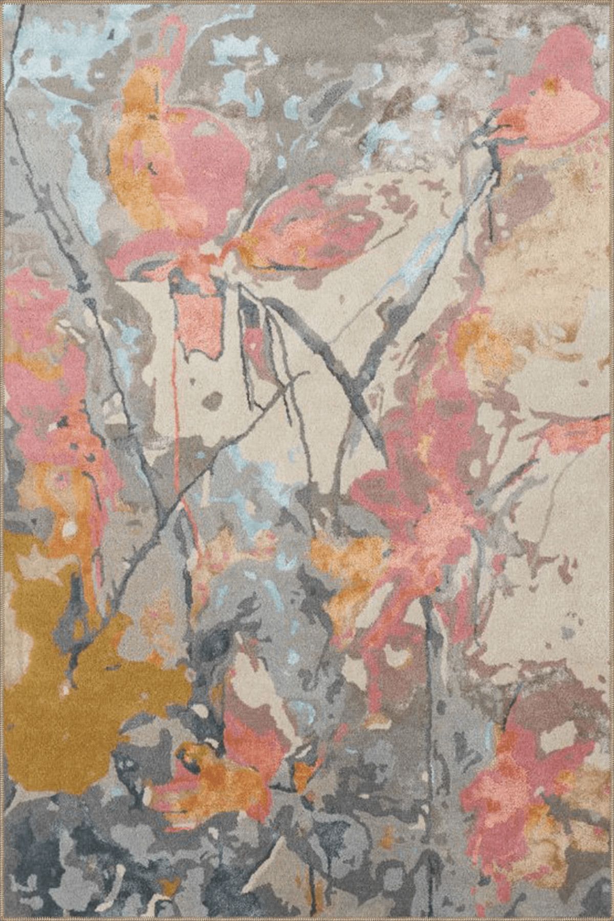 Pembe Gri Temalı Çok Renkli Soyut Abstract Desenli Modern Dekoratif Halı 3974