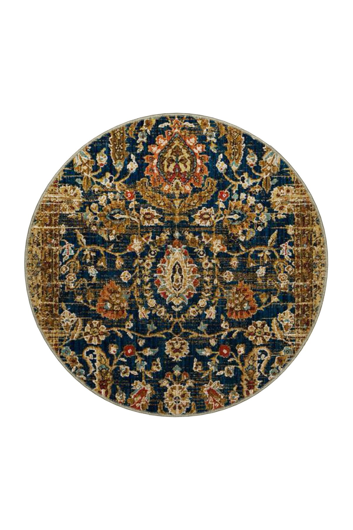 Lacivert Temalı Geleneksel Motif Çiçek Desenli Vintage Dekoratif Halı 4571