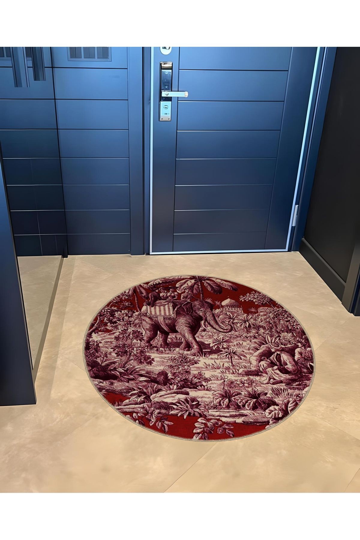 Bordo Ton Eski Çağ Tema Fil ve İnsanlar Desenli Yuvarlak Dokuma Taban Modern Dekoratif Halı 6025
