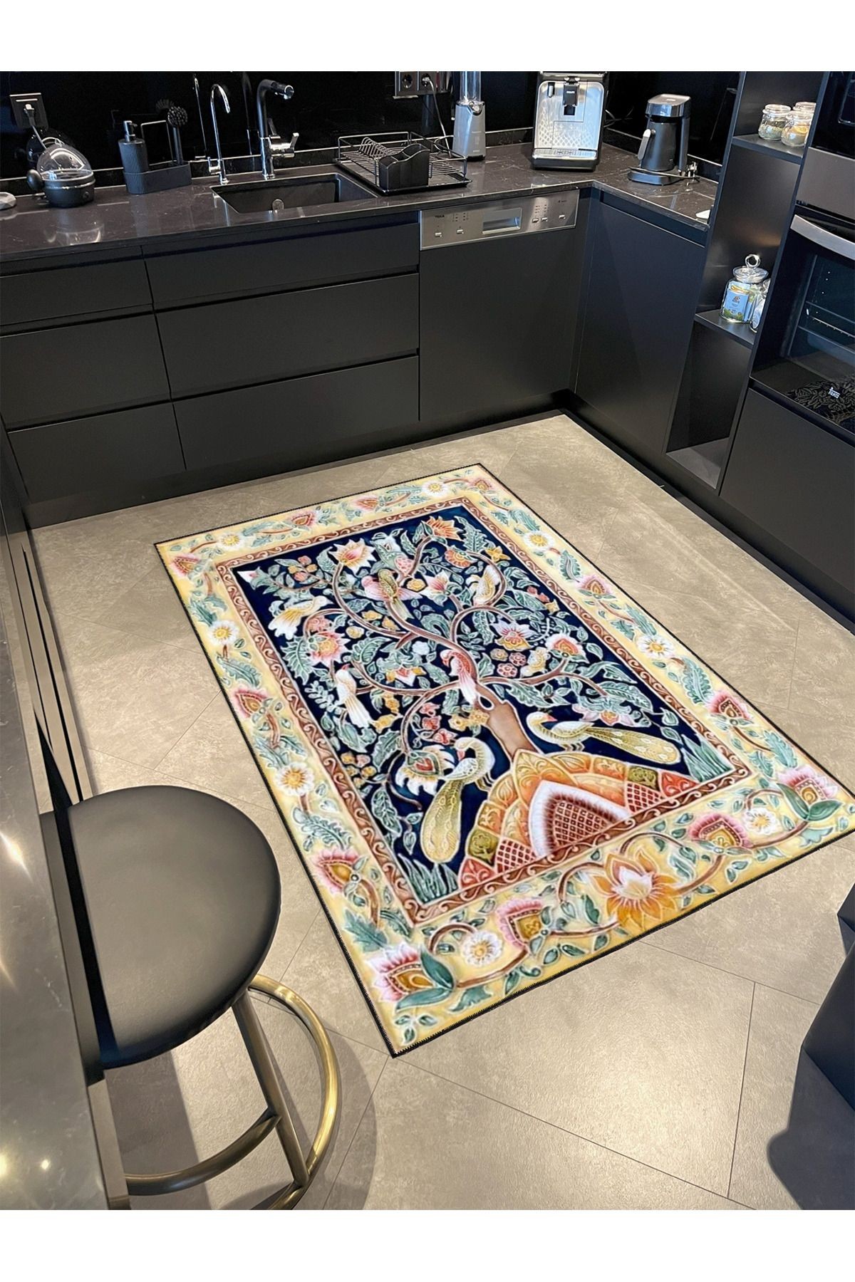 Açık Tonlarda Kuş ve Çiçek Desenli Kreatif Dekoratif Dokuma Taban Halı miravip40