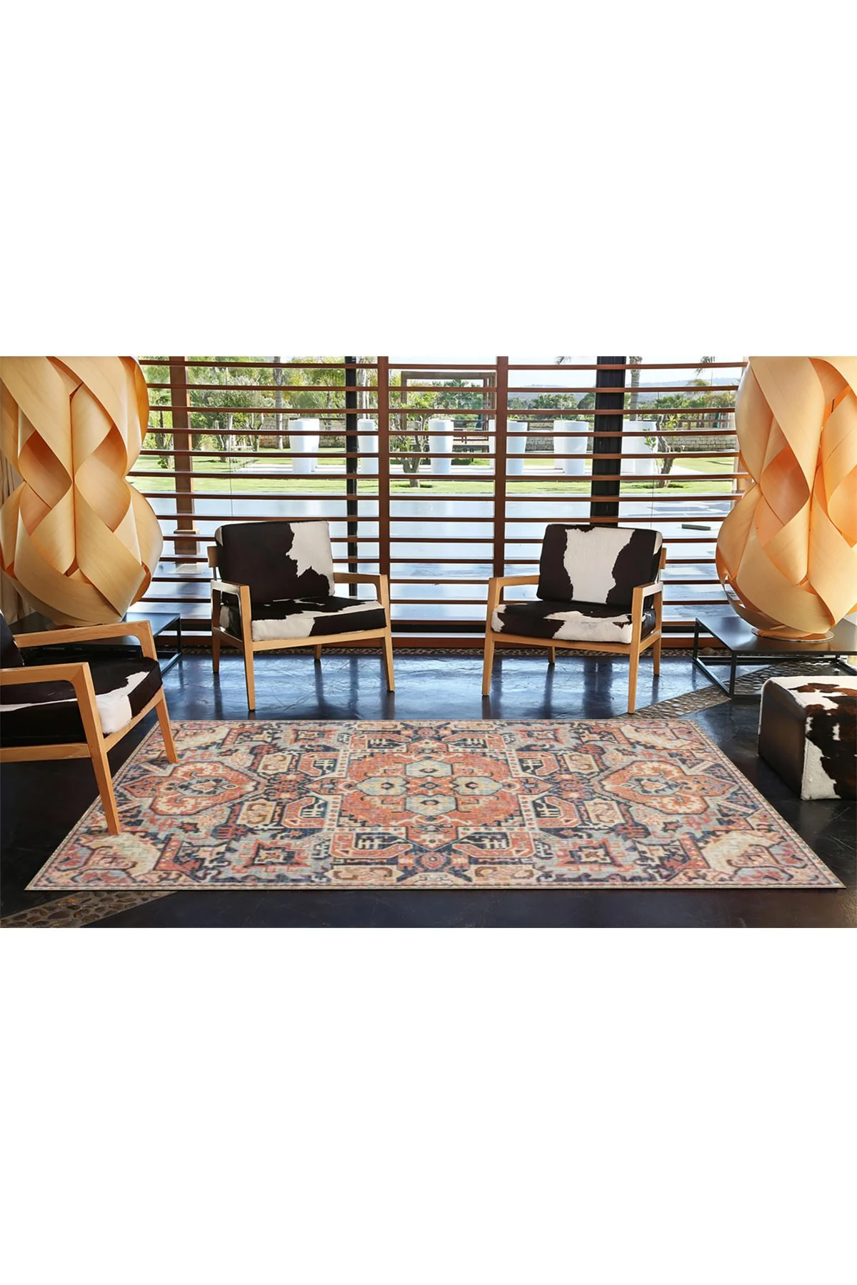 Krem Tonlarda Geometrik Dokuma Taban ve Dekoratif Halı miravip608