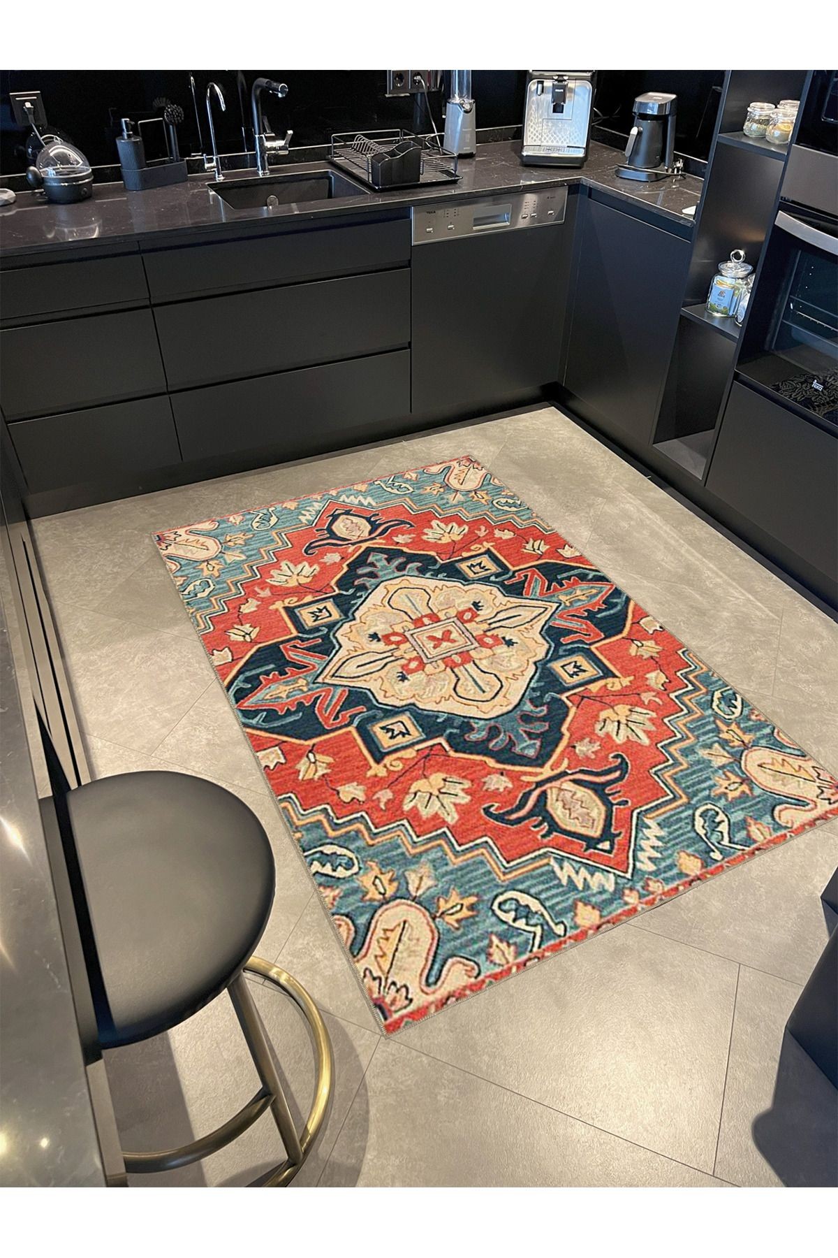 Turuncu Mavi Temalı Geleneksel Motif Etnik Desenli Vintage Dekoratif Halı 3809