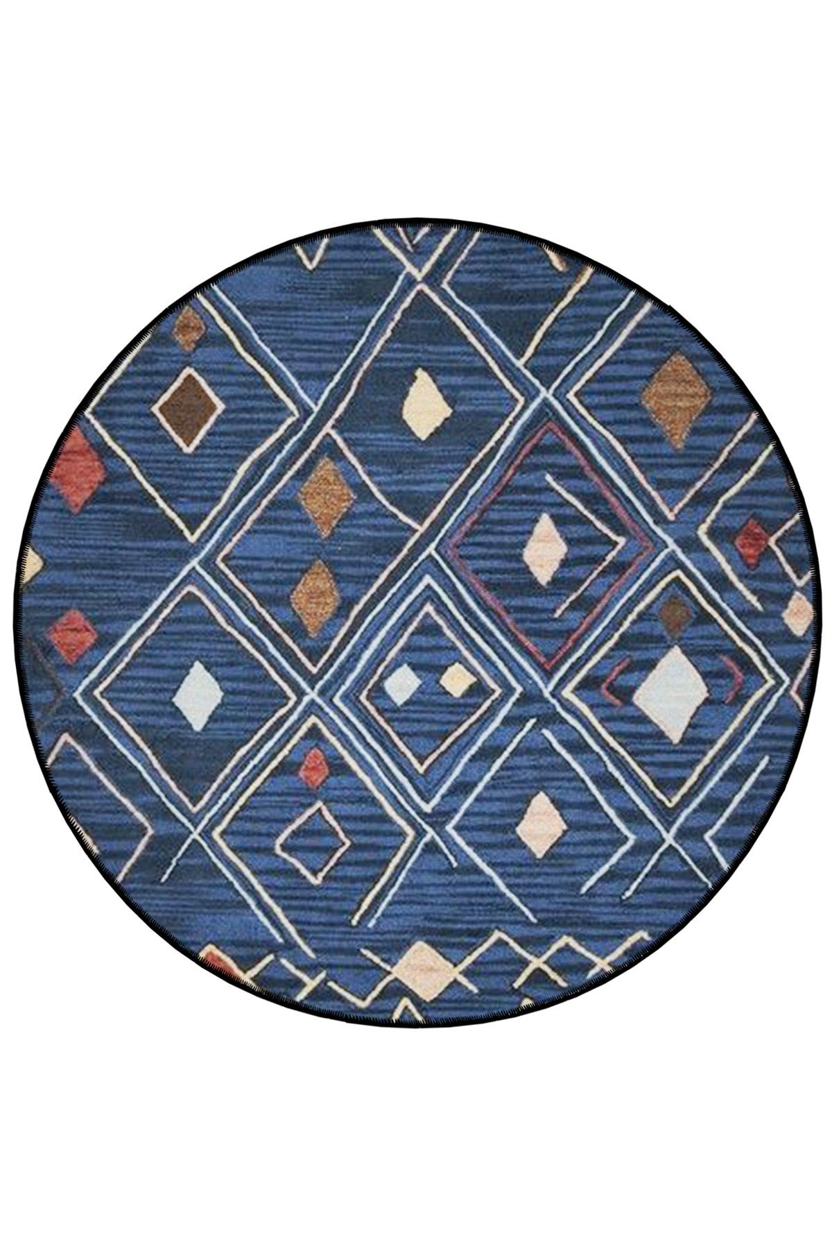 Lacivert Tema İskandinav Desenli Yuvarlak Dokuma Taban Modern Dekoratif Halı 6092