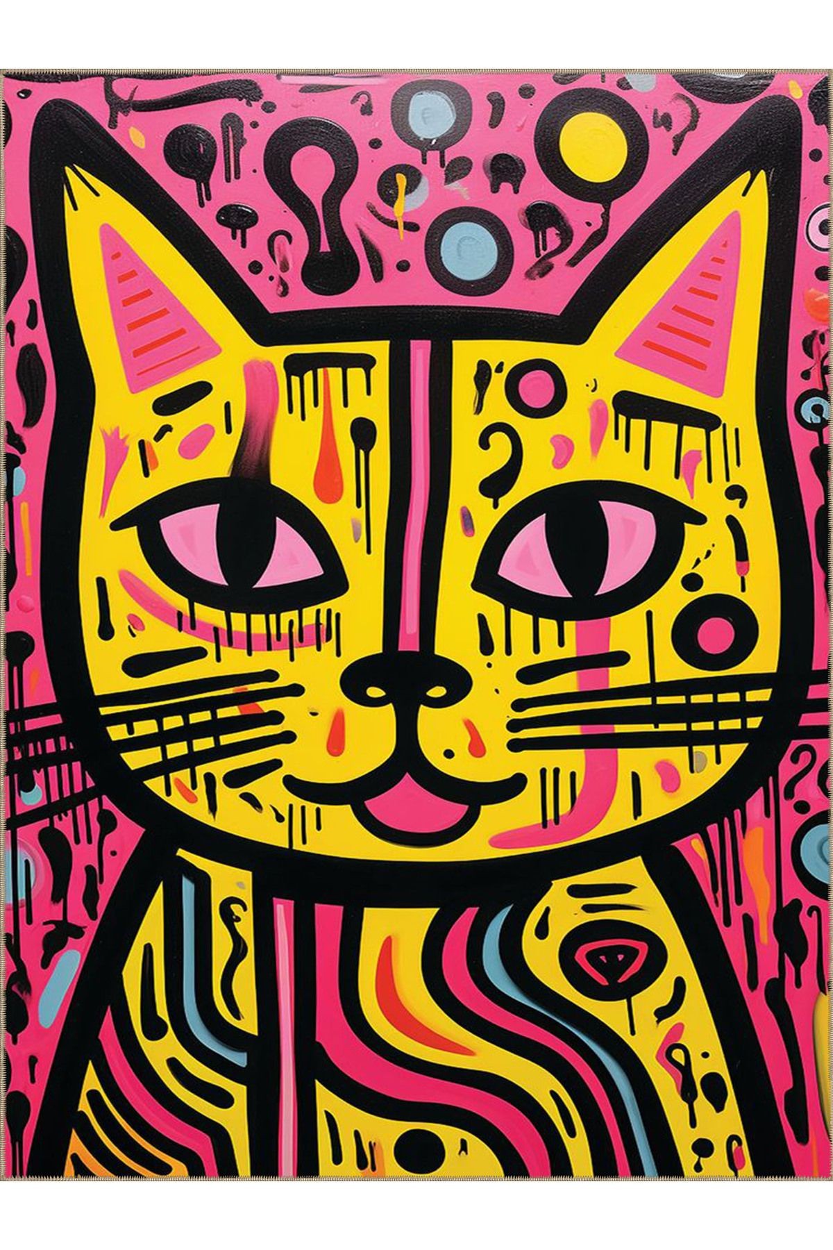 Güneş Koleksiyonu Pembe Sarı Kedi Desenli Dokuma Taban Modern Dekoratif Halı güneş31