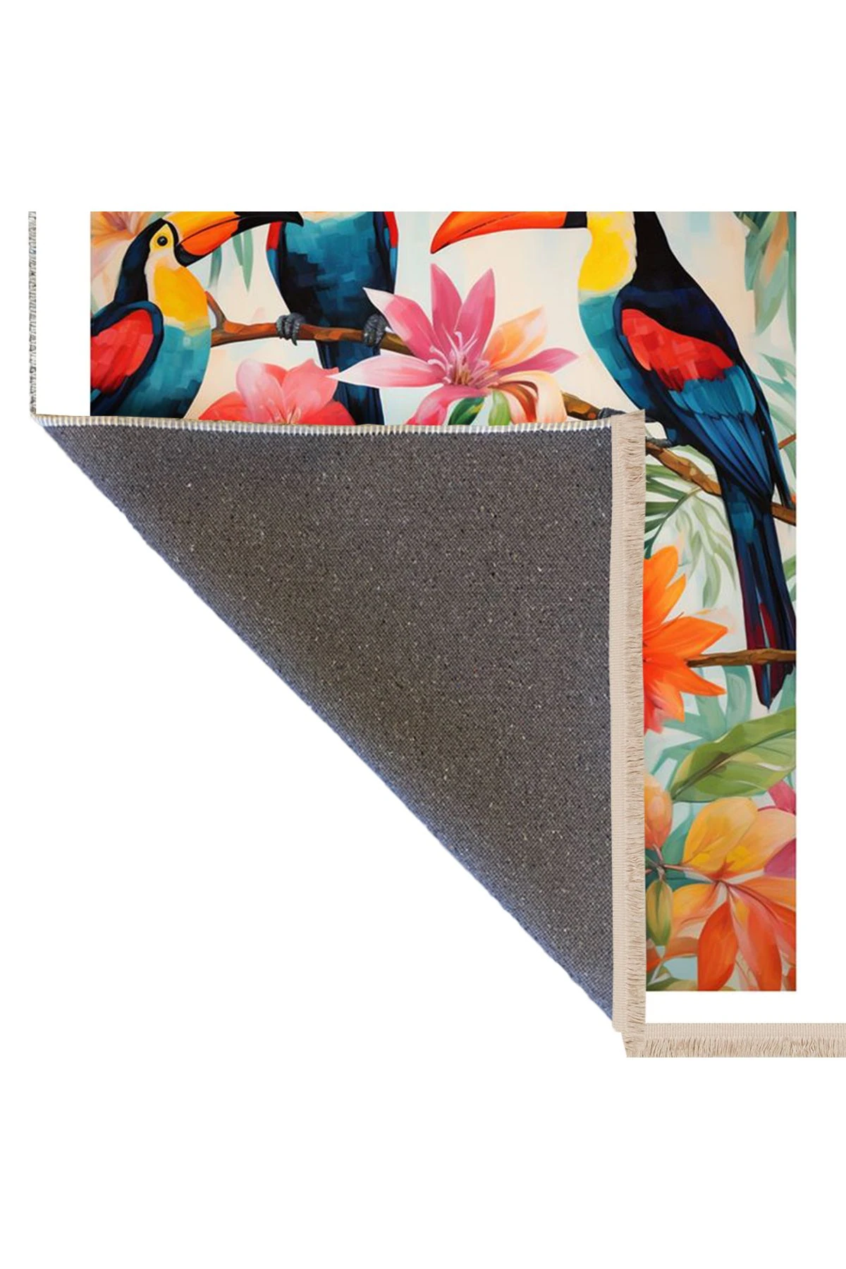 Özge Koleksiyonu Tropikal Çiçekler ve Papağanlar Desenli Dokuma Taban Modern Dekoratif Halı özge42