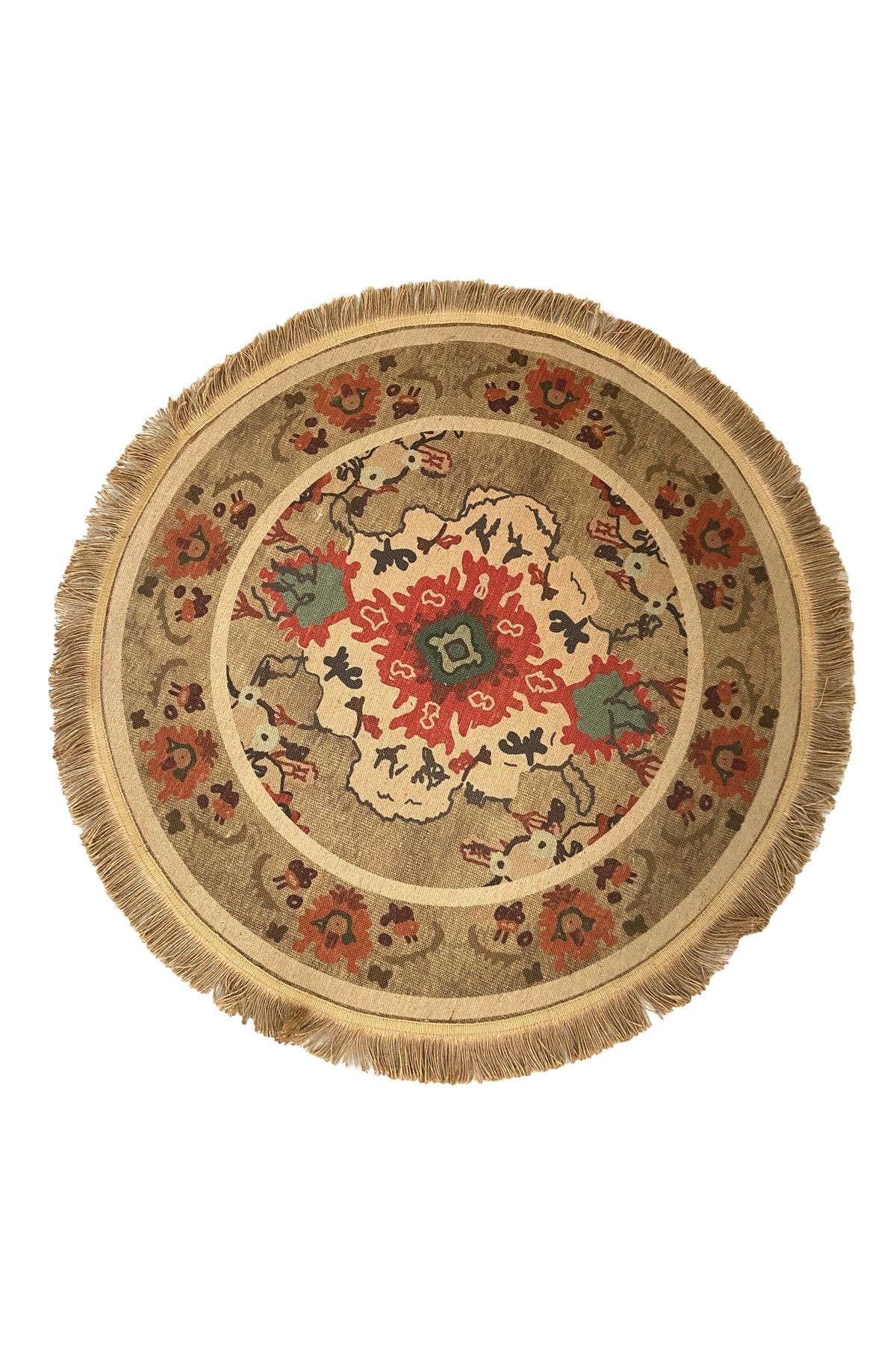Jüt Marakesh Kilim 5014 Renkli Etnik Baskılı Yuvarlak Püsküllü Jüt Kilim