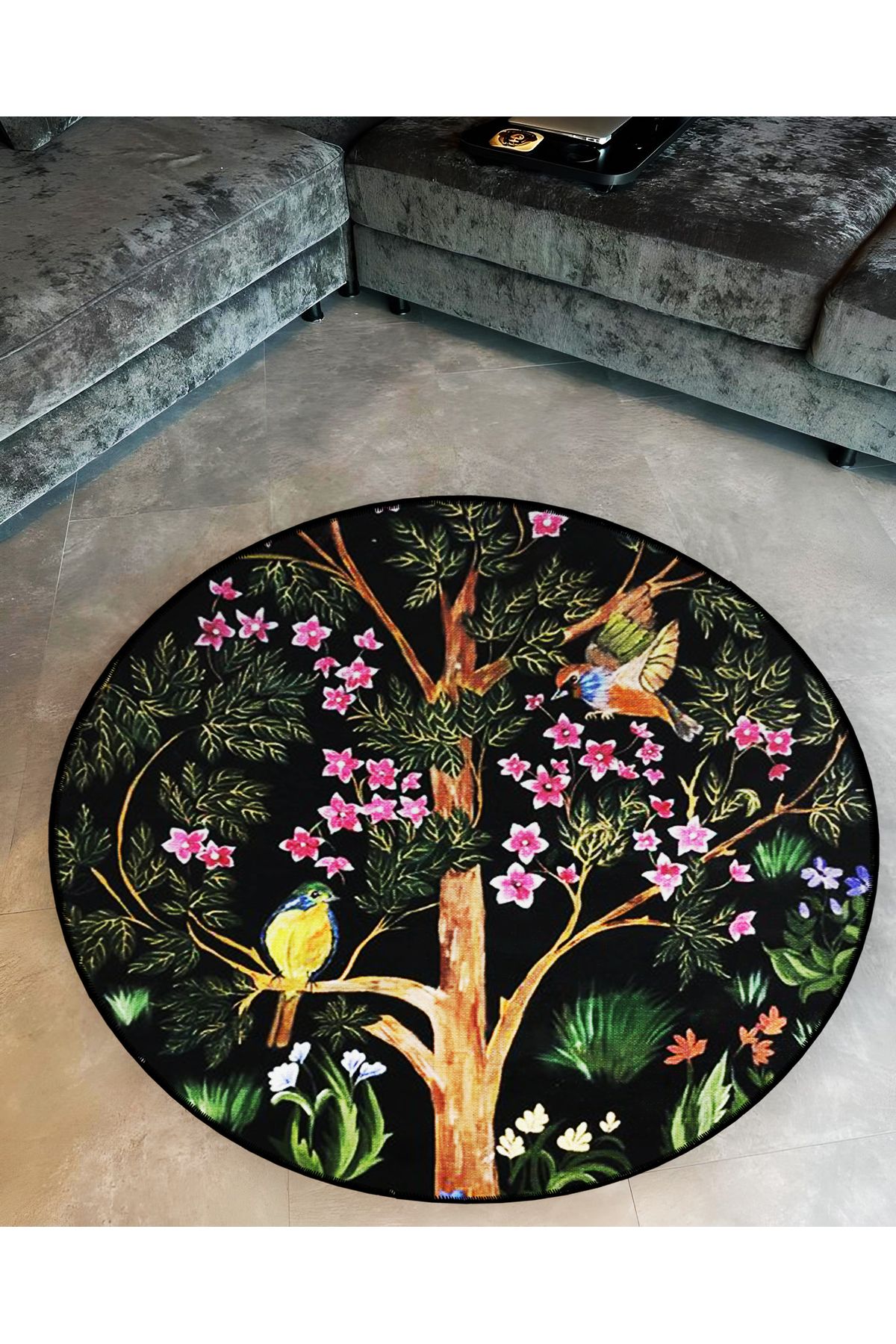 Mira Yuvarlak Ağaç Dalında Kuşlar ve Pembe Çiçekler Detaylı Dokuma Taban Modern Dekoratif Halı 5686