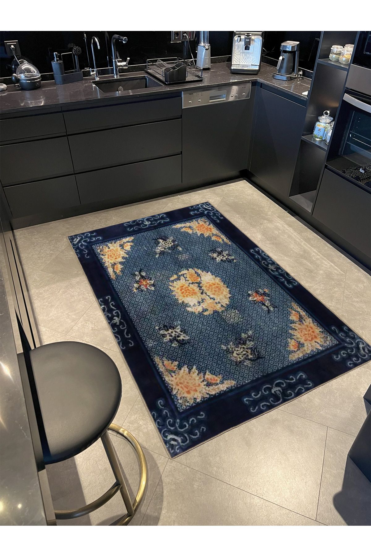 Lacivert Temalı Motifli Etnik Çiçek Desenli Vintage Dekoratif Halı 3489