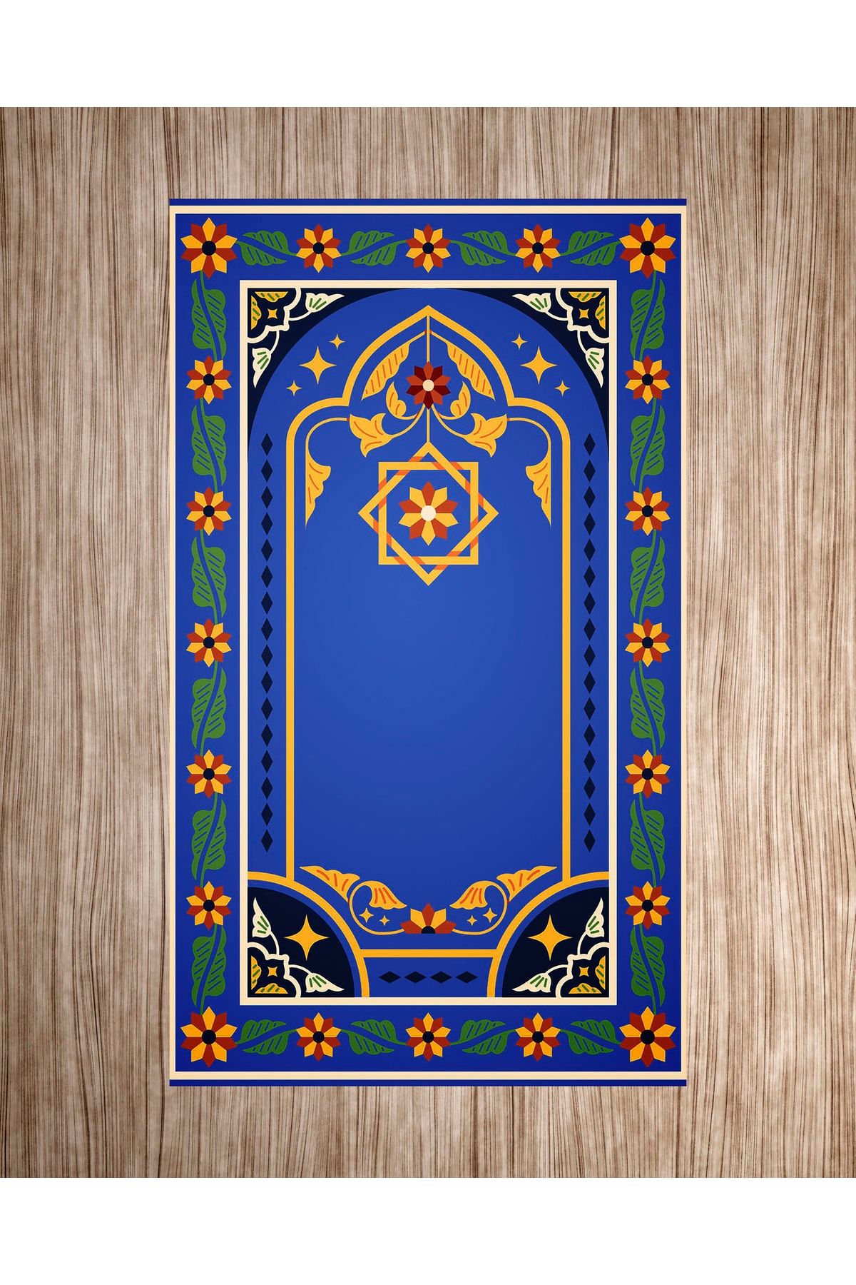 Mavi Çiçekli Geometrik Desenli Seccade 70x120