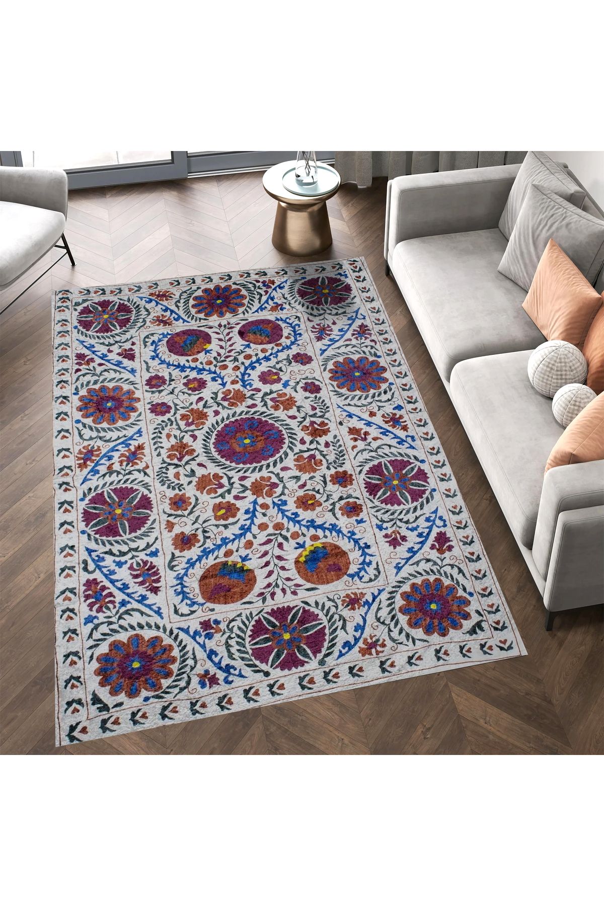 Mete Koleksiyonu Çok Renkli Karma Şekiller ve Çiçek Motifleri Desenli Vintage Dekoratif Halı 29