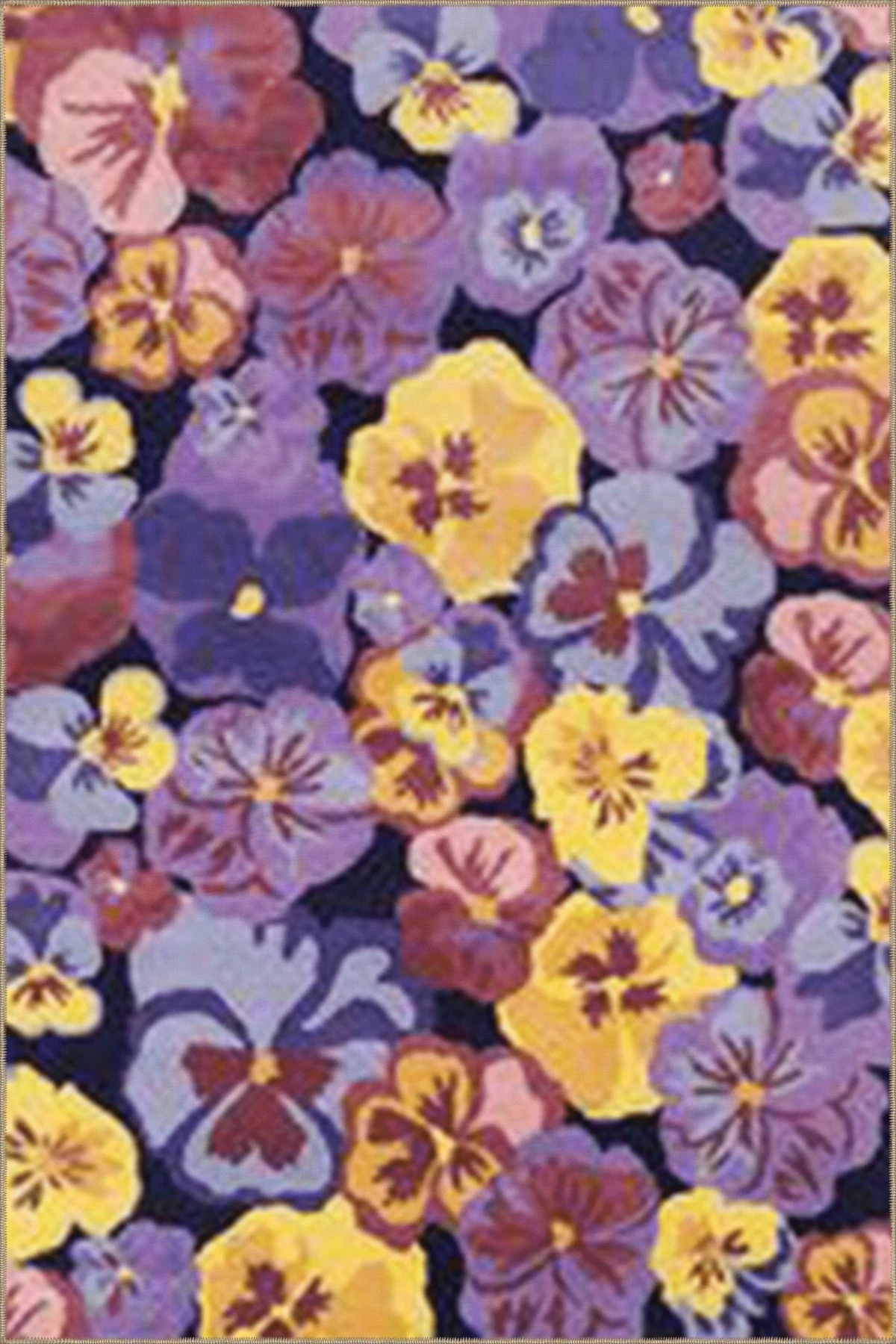 Mor Sarı Temalı Karma Çiçek Menekşe Desenli Modern Dekoratif Halı 5044