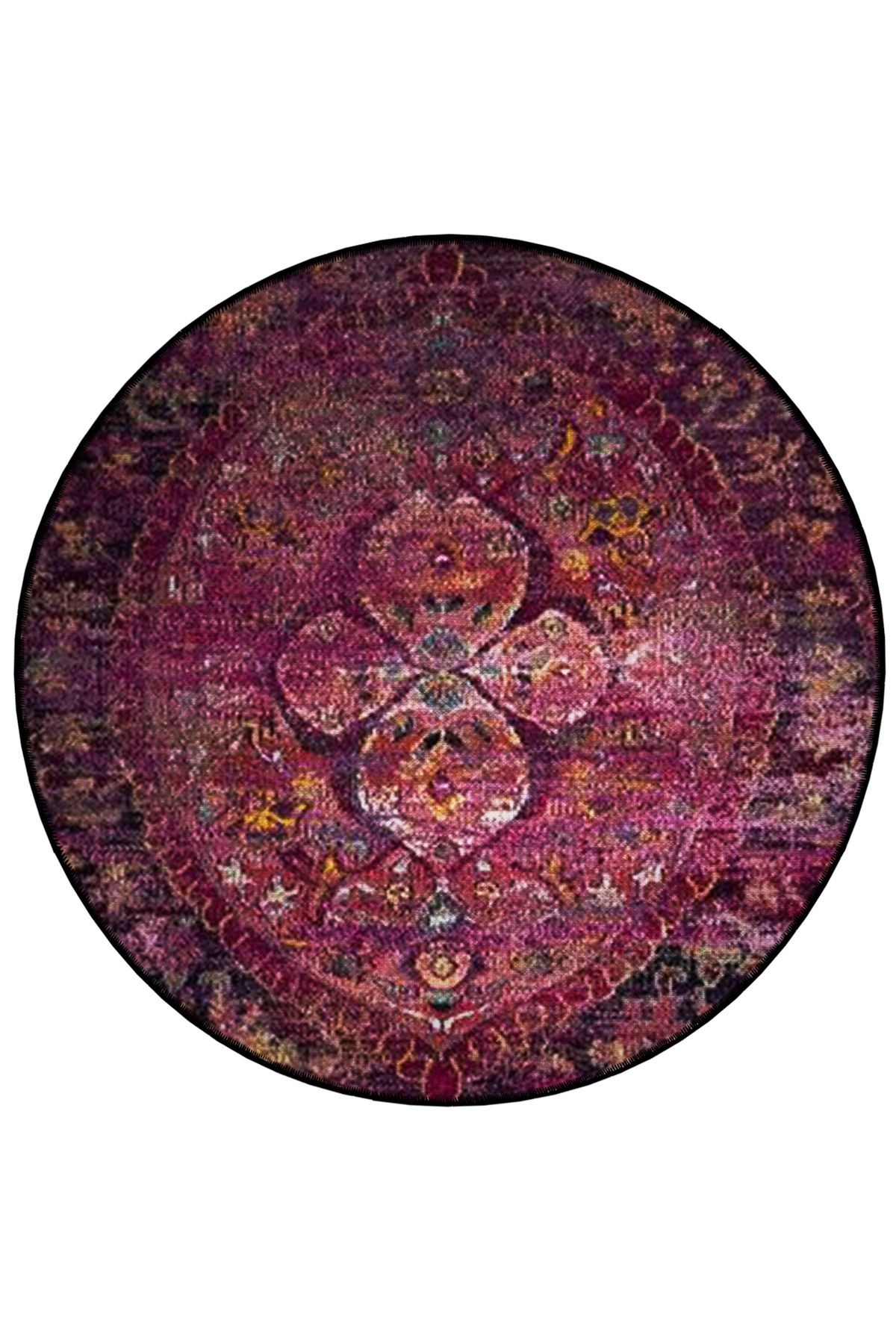 Mor Tonlar Geleneksel Motif Desenli Yuvarlak Dokuma Taban Vintage Dekoratif Halı 6173