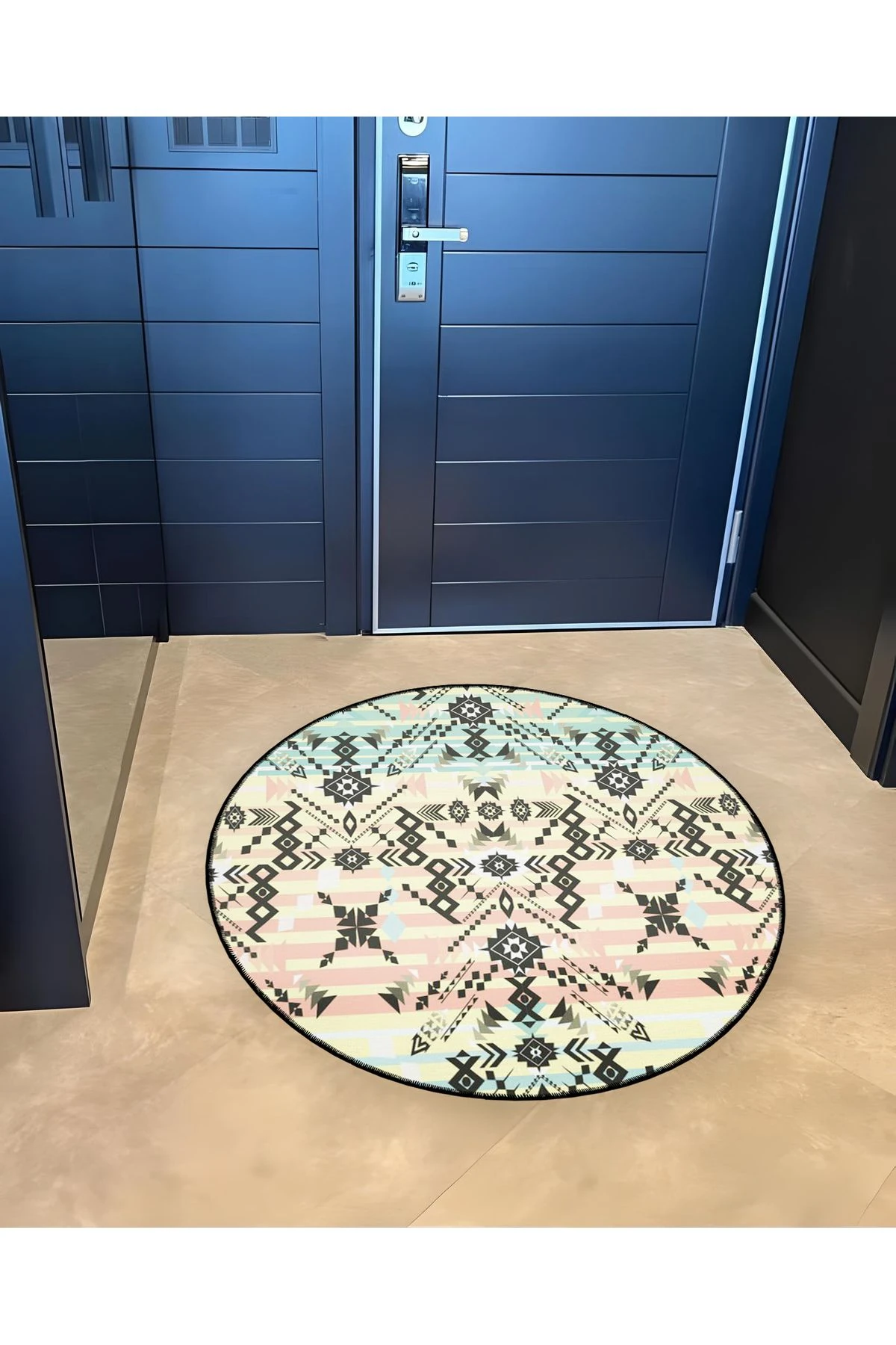 Mira Yuvarlak Çok Renkli Siyah Etnik Desen Detaylı Dokuma Taban Modern Dekoratif Halı 5603