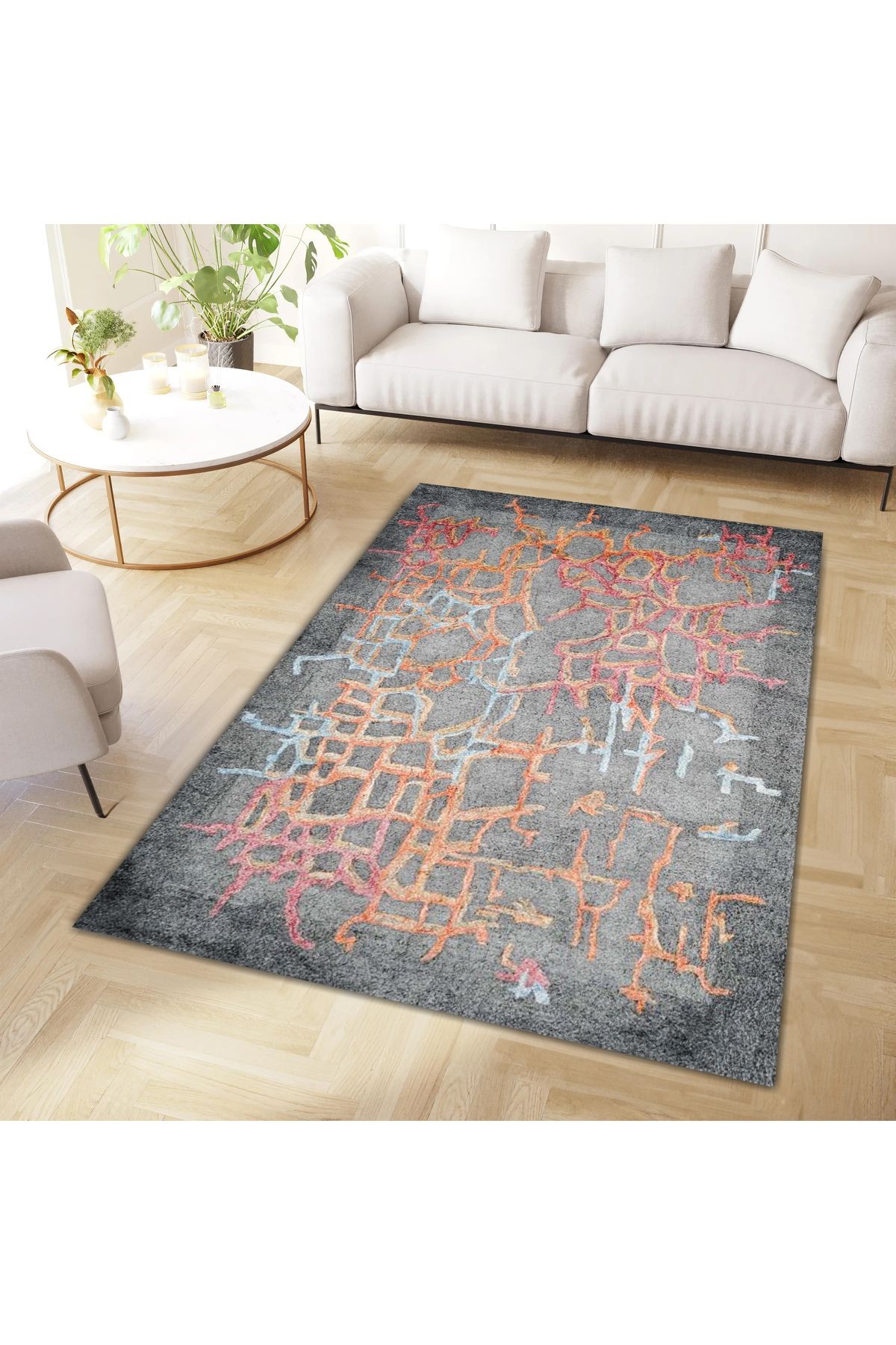 Aysu Koleksiyonu Gri Soyut Renkli Desenli Dokuma Taban Modern Dekoratif Halı aysu46