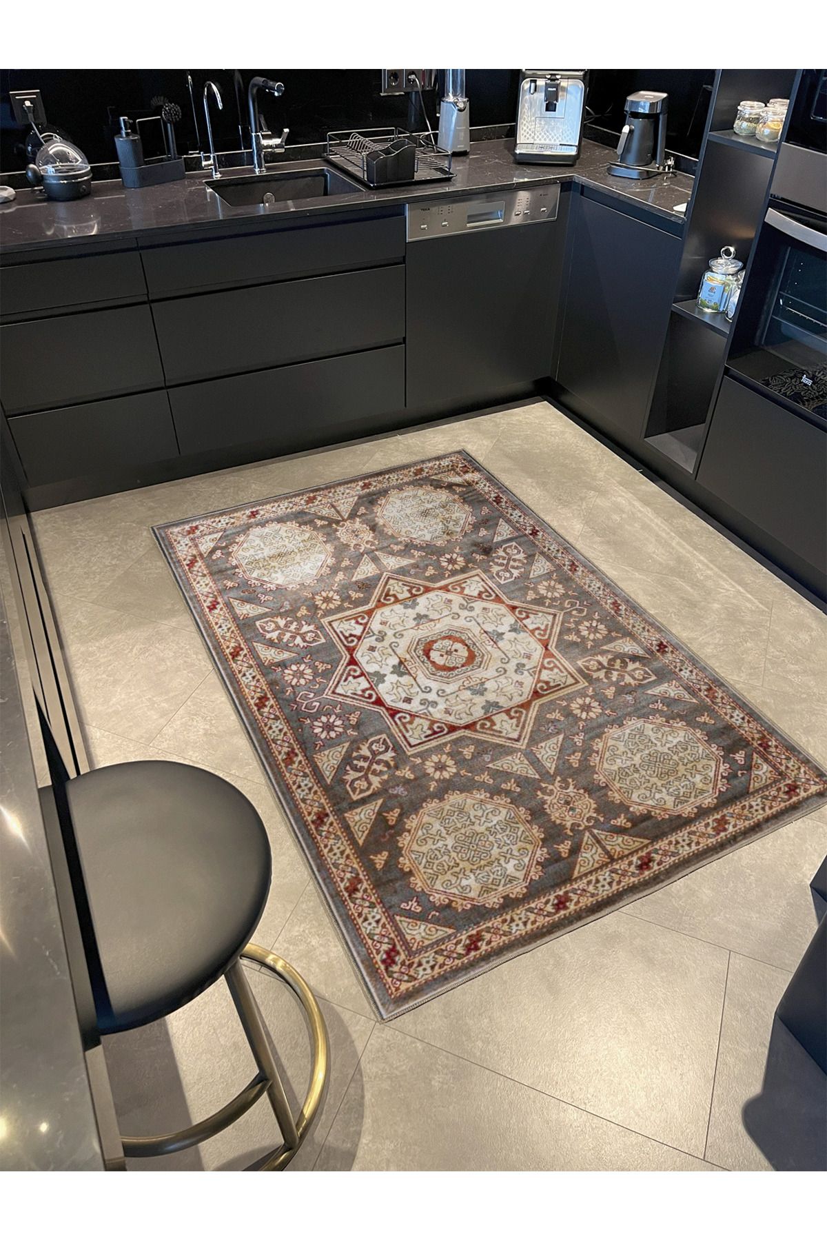 Gri Tonlarında Yıldızlı Geometrik Desenli Dekoratif Halı 4065