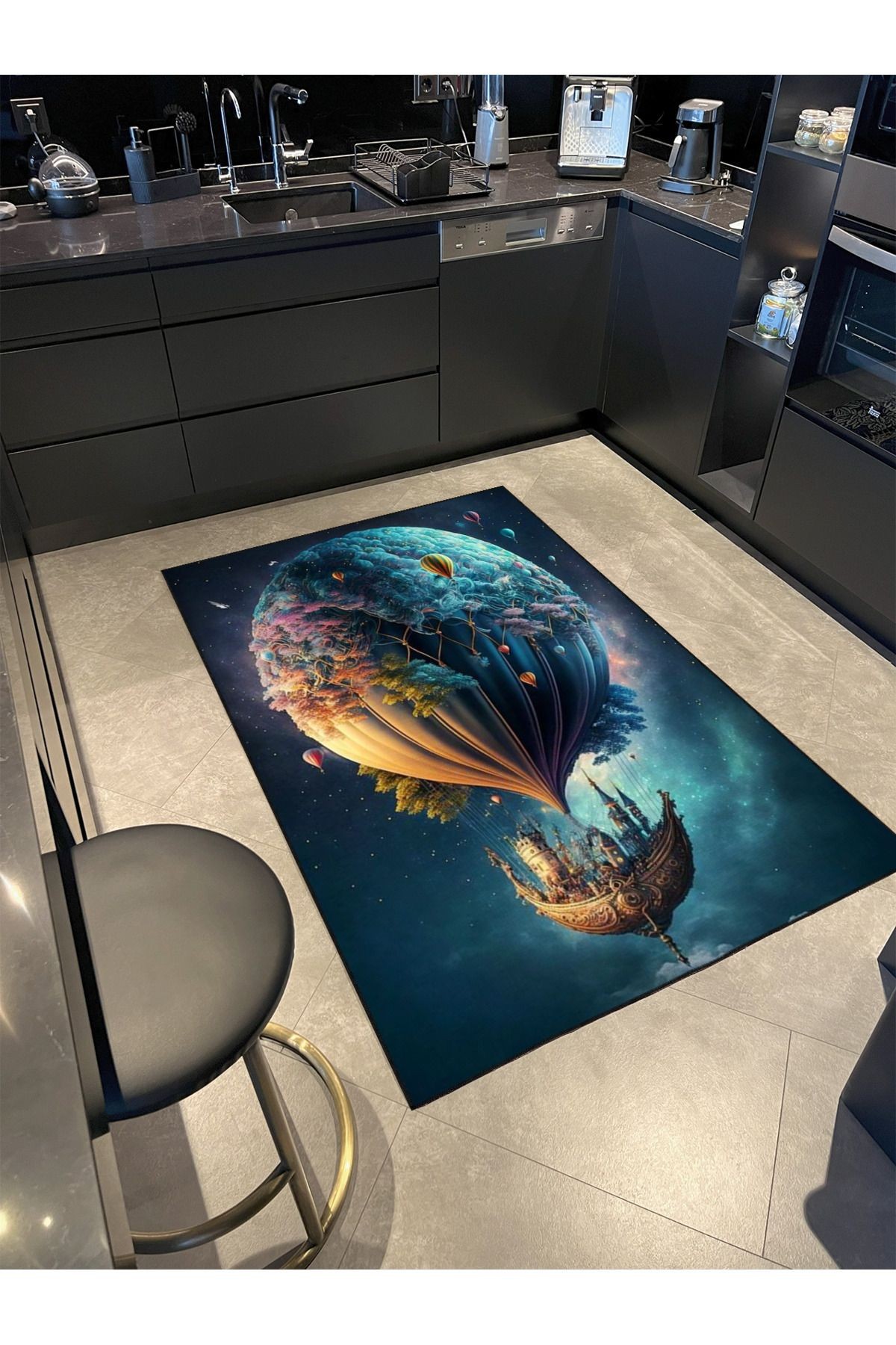 Gece Temalı Uçan Balon Renkli Dekoratif Yıkanabilir Halı miravip8654