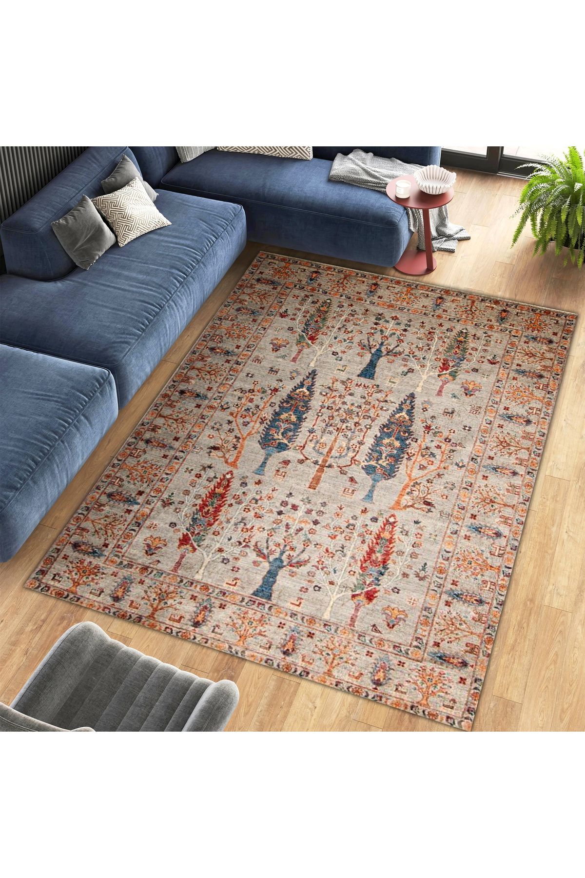 Cansu Koleksiyonu Turuncu Tonlarda Renkli Ağaçlar Desenli Dokuma Taban Modern Dekoratif Halı cansu32