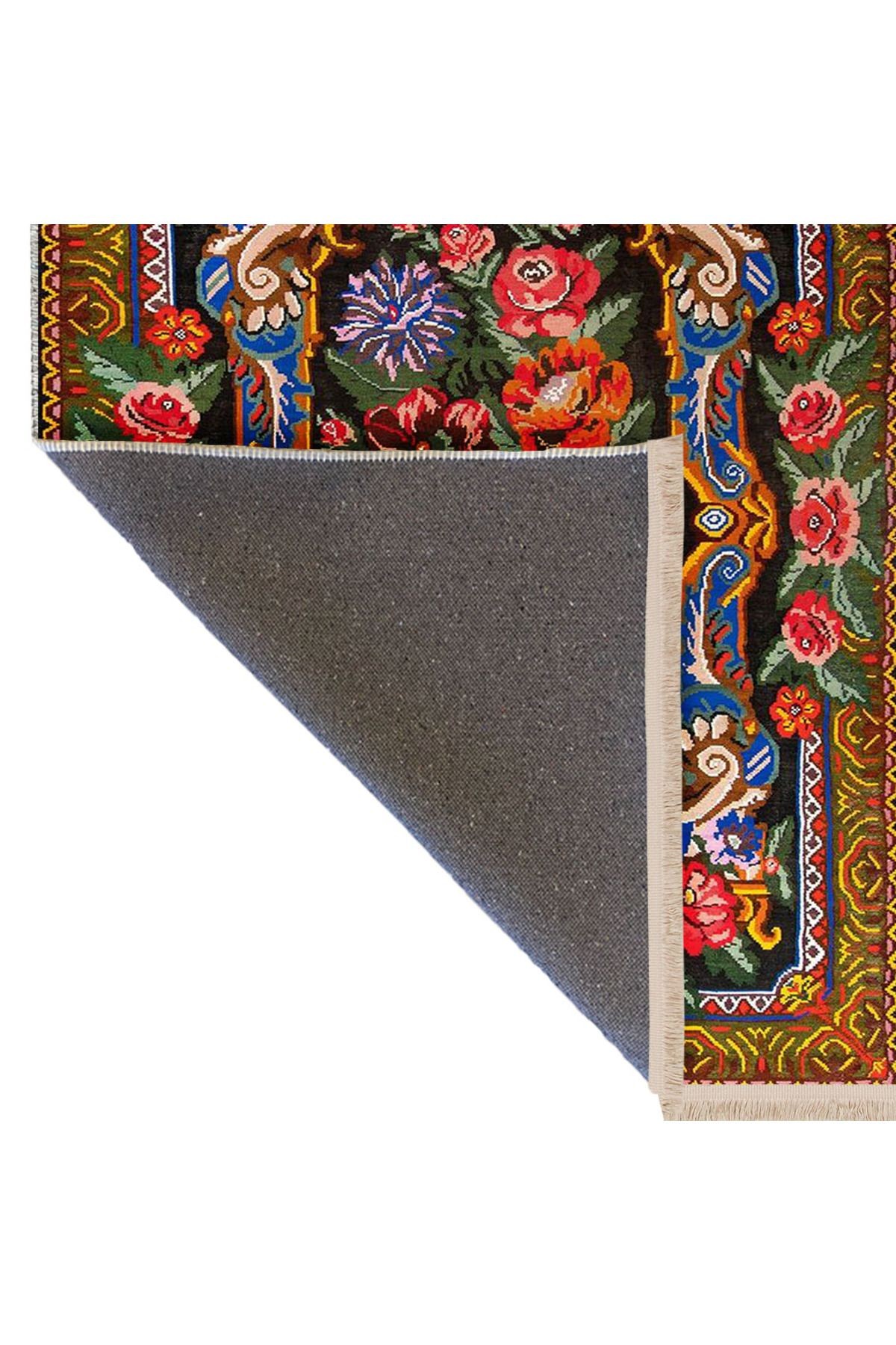 Kemal Koleksiyonu Çok Renkli Çiçek Motifleri ve Etnik Desenli Dokuma Taban Vintage Dekoratif Halı 12