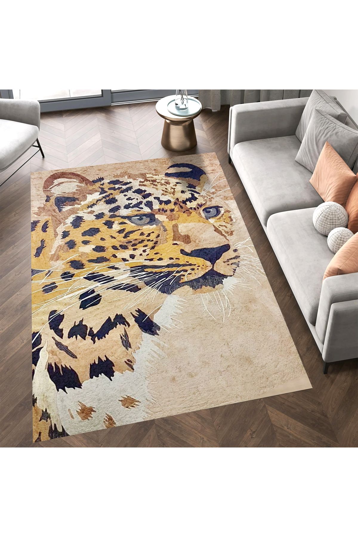 Kuzey Koleksiyonu Sarı Bej Tonlarda Kaplan Desenli Dokuma Taban Modern Dekoratif Halı kuzey28