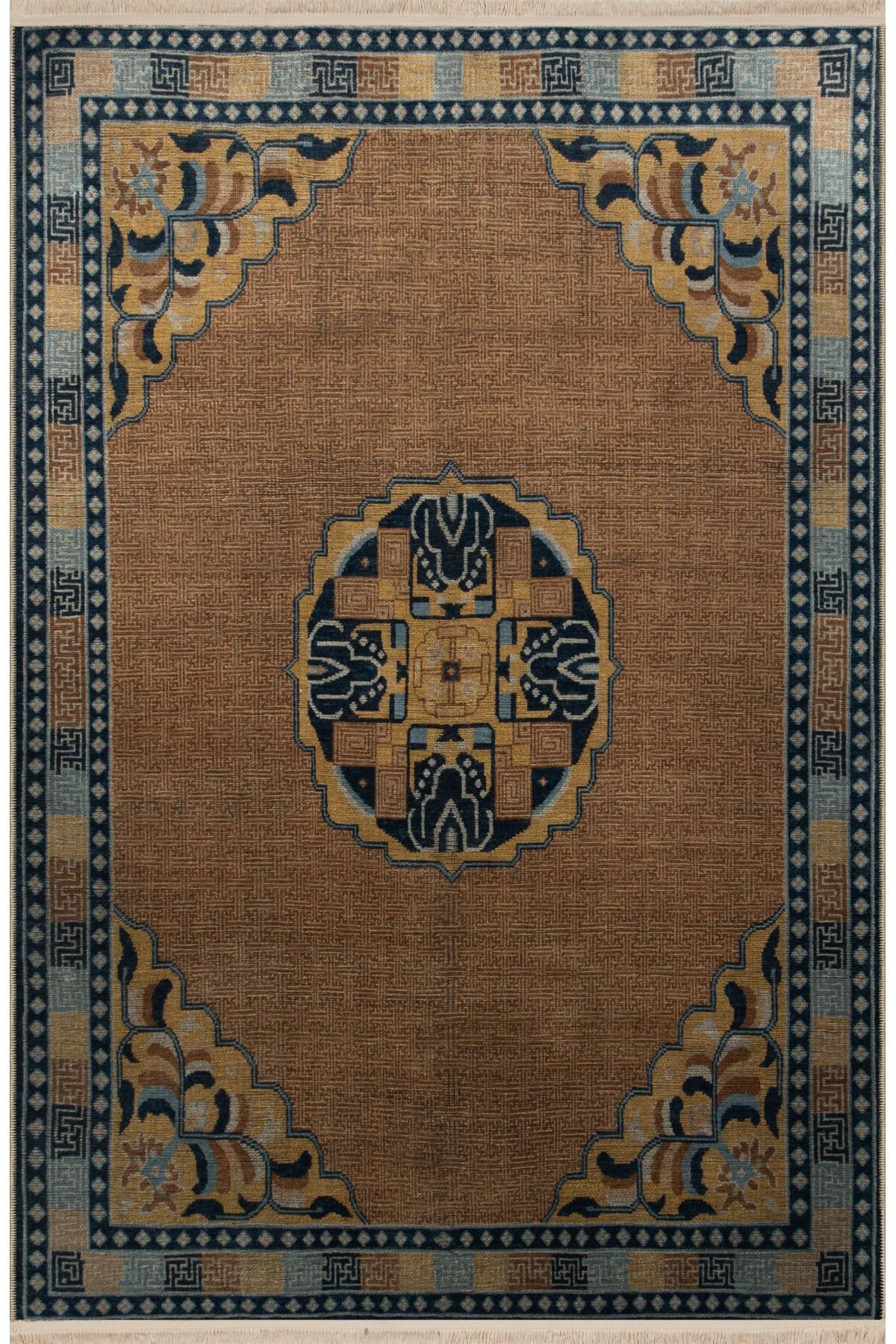 Kahverengi Mavi Temalı Geleneksel Motif Desenli Kreatif Vintage Dekoratif Halı 2978