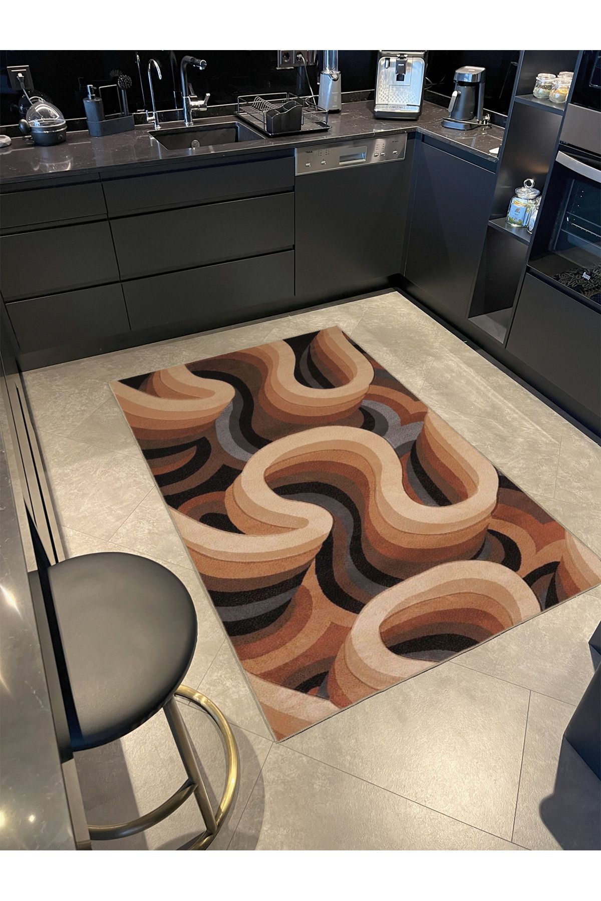 Ohm Dalgalı Kahverengi Tonlarda Desenli Dokuma Taban ve Yıkanabilir Halı miravip9379