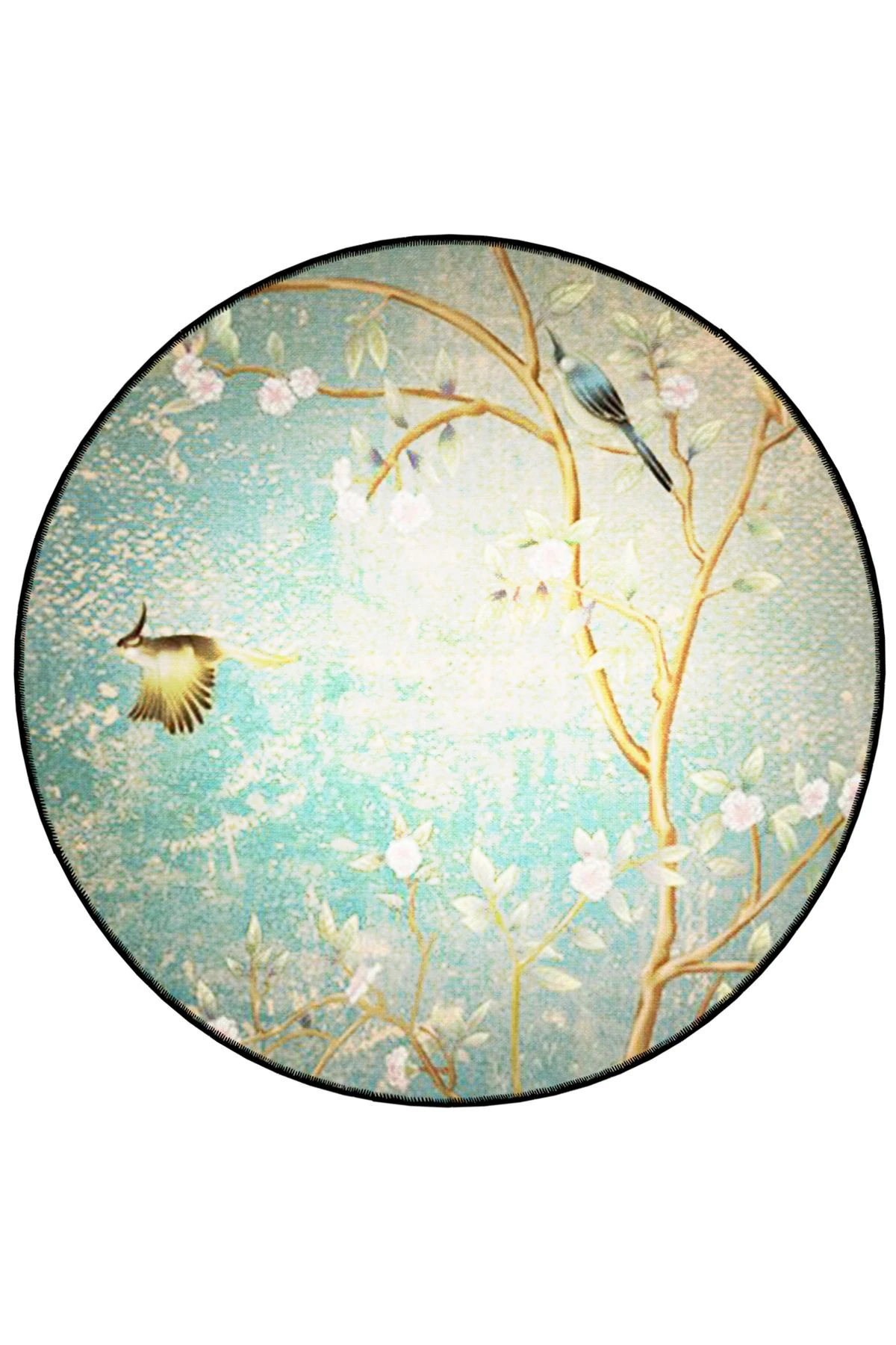 Mira Yuvarlak Mavi Tonlarda Dal ve Kuş Detaylı Dokuma Taban Modern Dekoratif Halı 5718