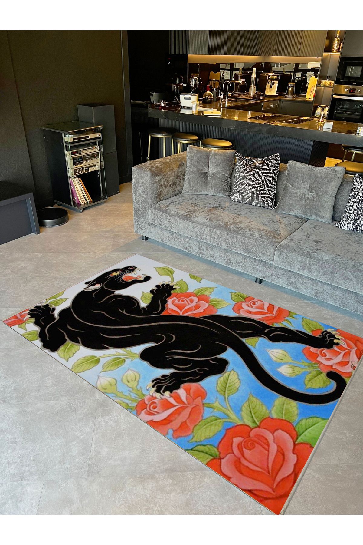 Alya Koleksiyonu Kırmızı Gül Detaylı Siyah Jaguar Desenli Dokuma Taban Dekoratif Halı alya07