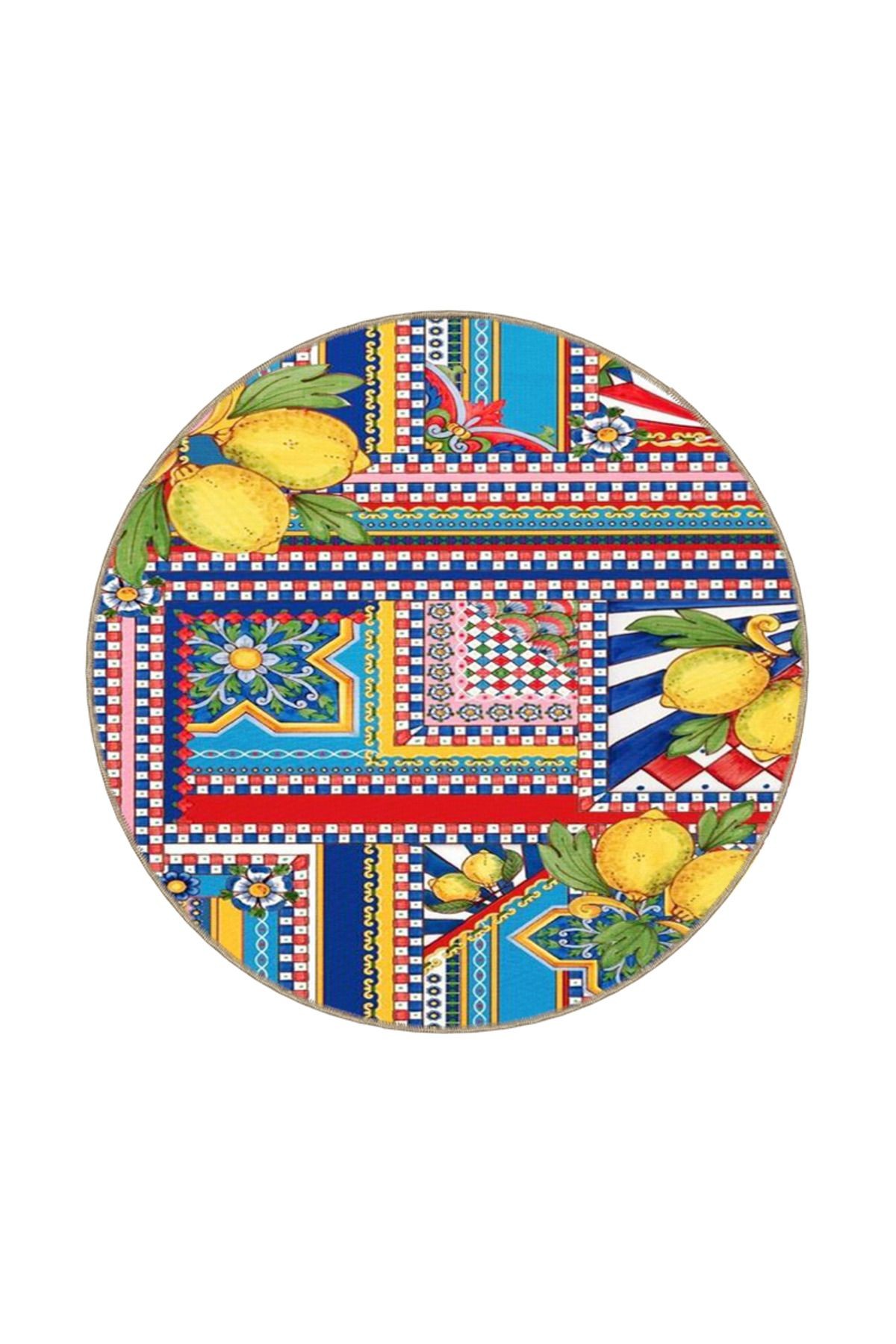 Limon Desenli Karışık Renkli Çiçekli Floral Geometrik Modern Dekoratif Halı miravip222