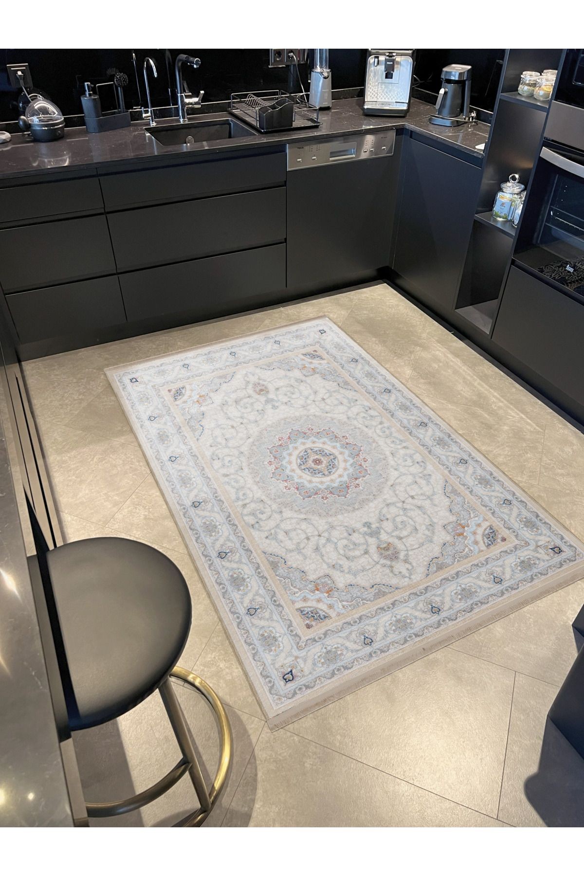 Bej Gri Temalı Geleneksel Motif Etnik Desenli Kreatif Vintage Dekoratif Halı 2580