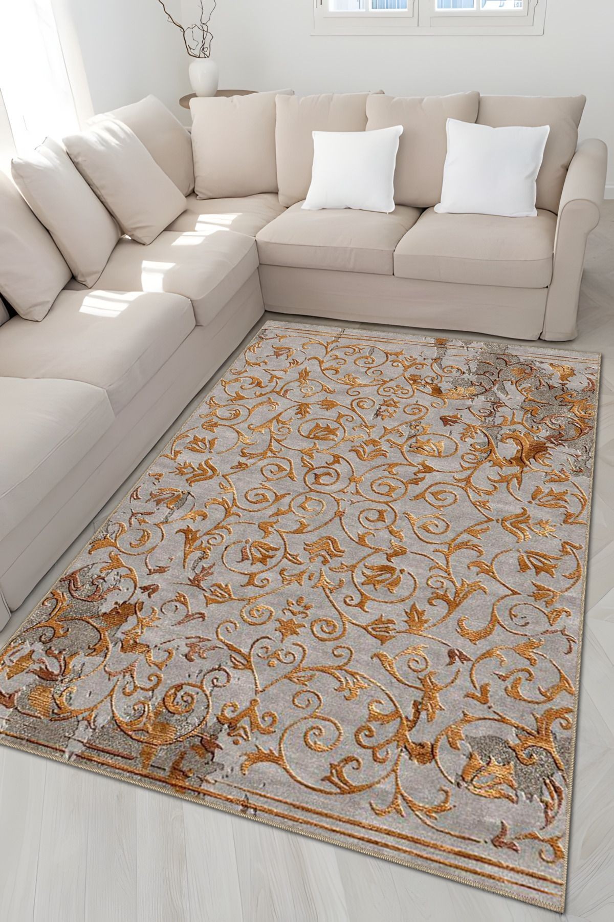 Turuncu Gri Temalı Geleneksel Motif Etnik Desenli Vintage Dekoratif Halı 4920
