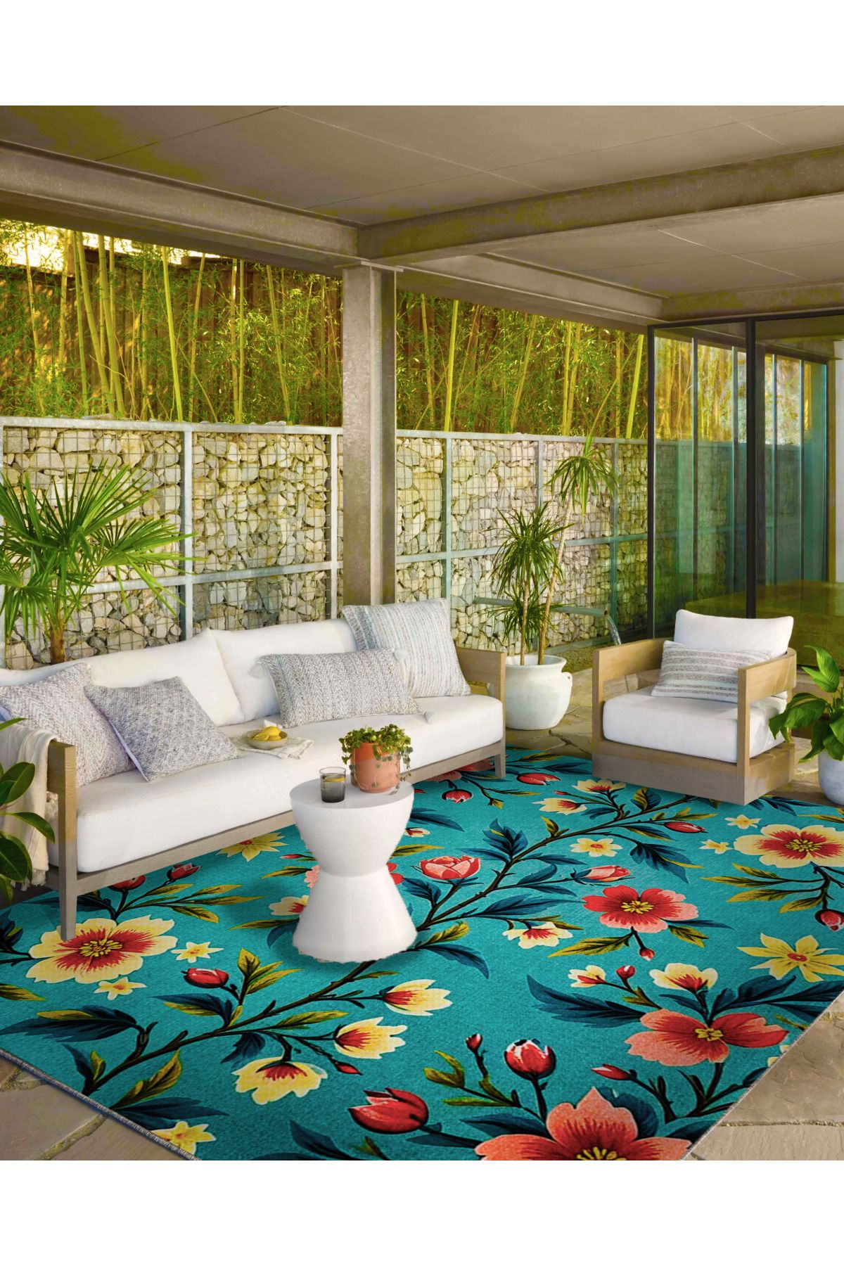 Paris Koleksiyonu Mavi Tema Kırmızı Çiçek ve Gül Desenli Kreatif Modern Dekoratif Halı 115