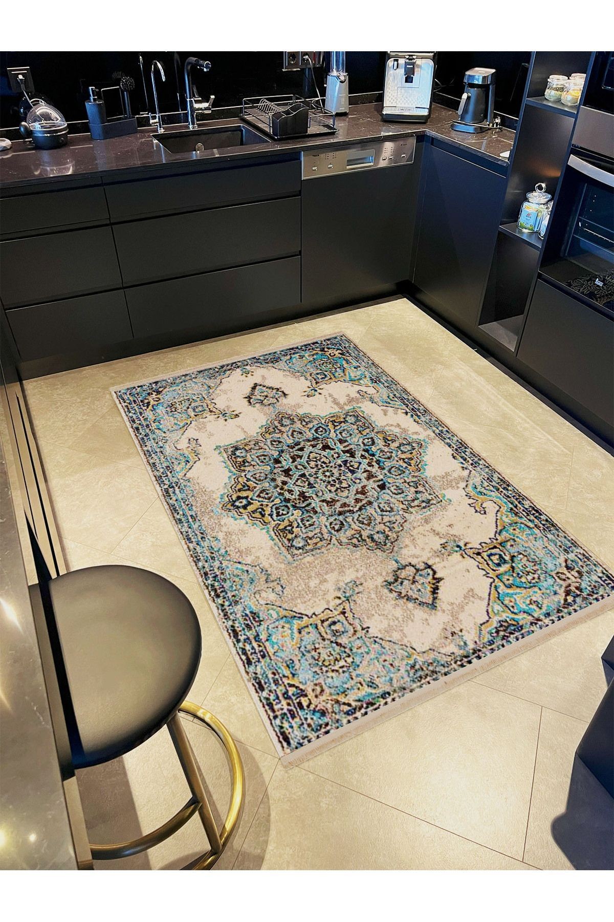 Alya Koleksiyonu Açık Mavi Bej Desenli Dokuma Taban Modern Dekoratif Halı alya14